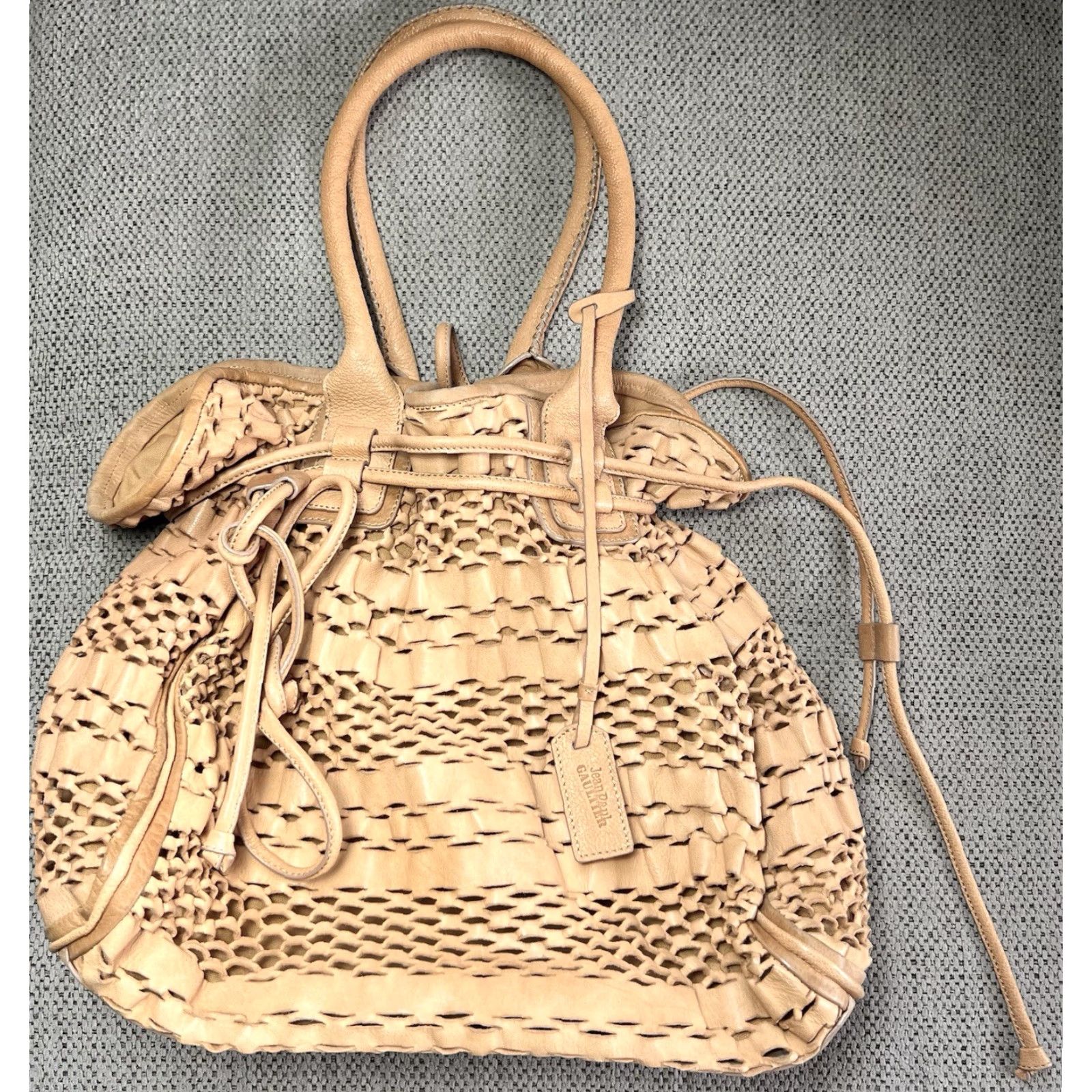Jean Paul Gaultier NICE! Jean Paul Gaultier Tan Leather Netting Bucket Bag Shoulder Bag Women Large Beige Canvas Lining Bag Charm 14” tall 15” wide 5” deep 9” strap drop Size 36" / US 14 / IT 50 - 2 Thumbnail