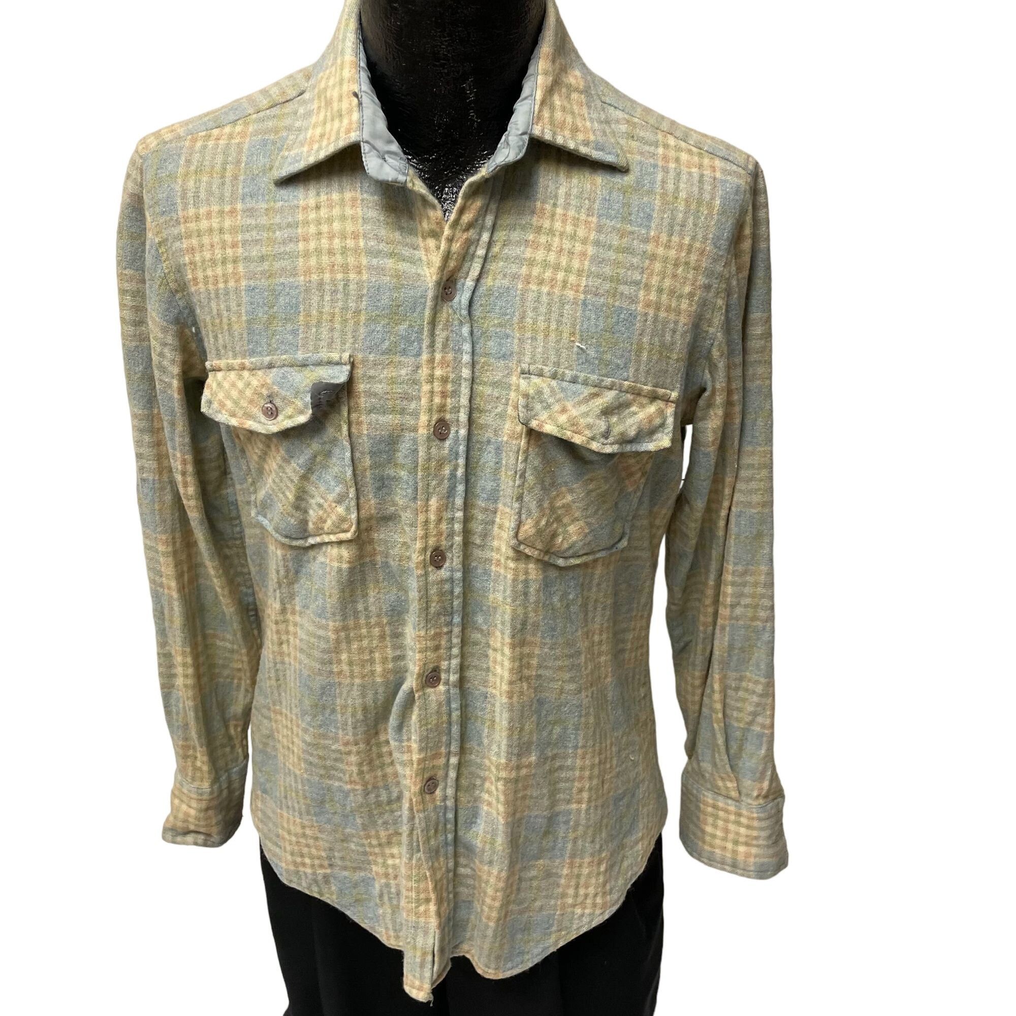 60's Ponderosa Blue SHADOW PLAID Hunting Wool FLANNEL Shirt