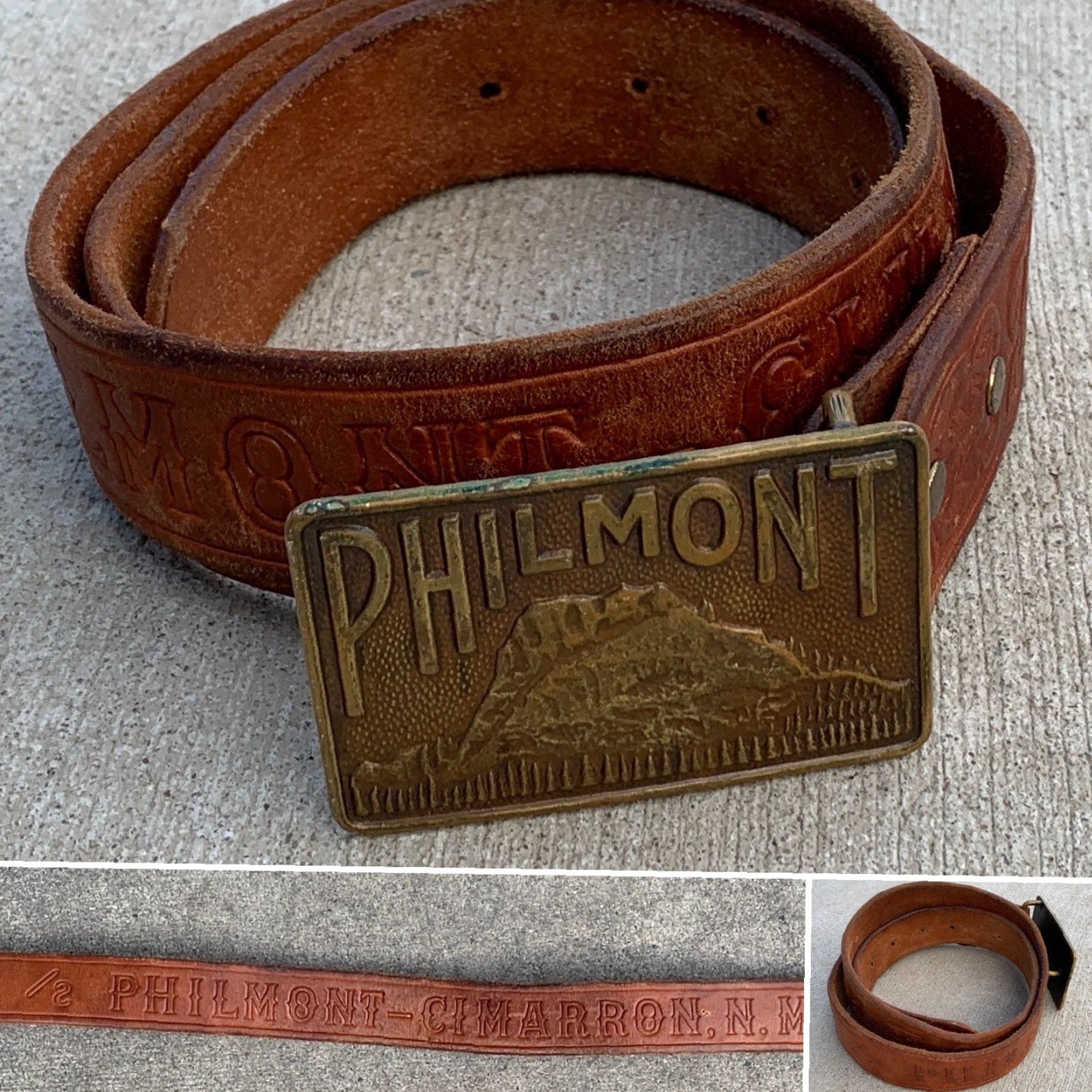 Vintage Philmont Belt Buckle Bastian Bros Co Rochester NY 1939 Union Made Tooled Leather Belt Brown Men Vintage Cowboy Western Size ONE SIZE - 3 Thumbnail