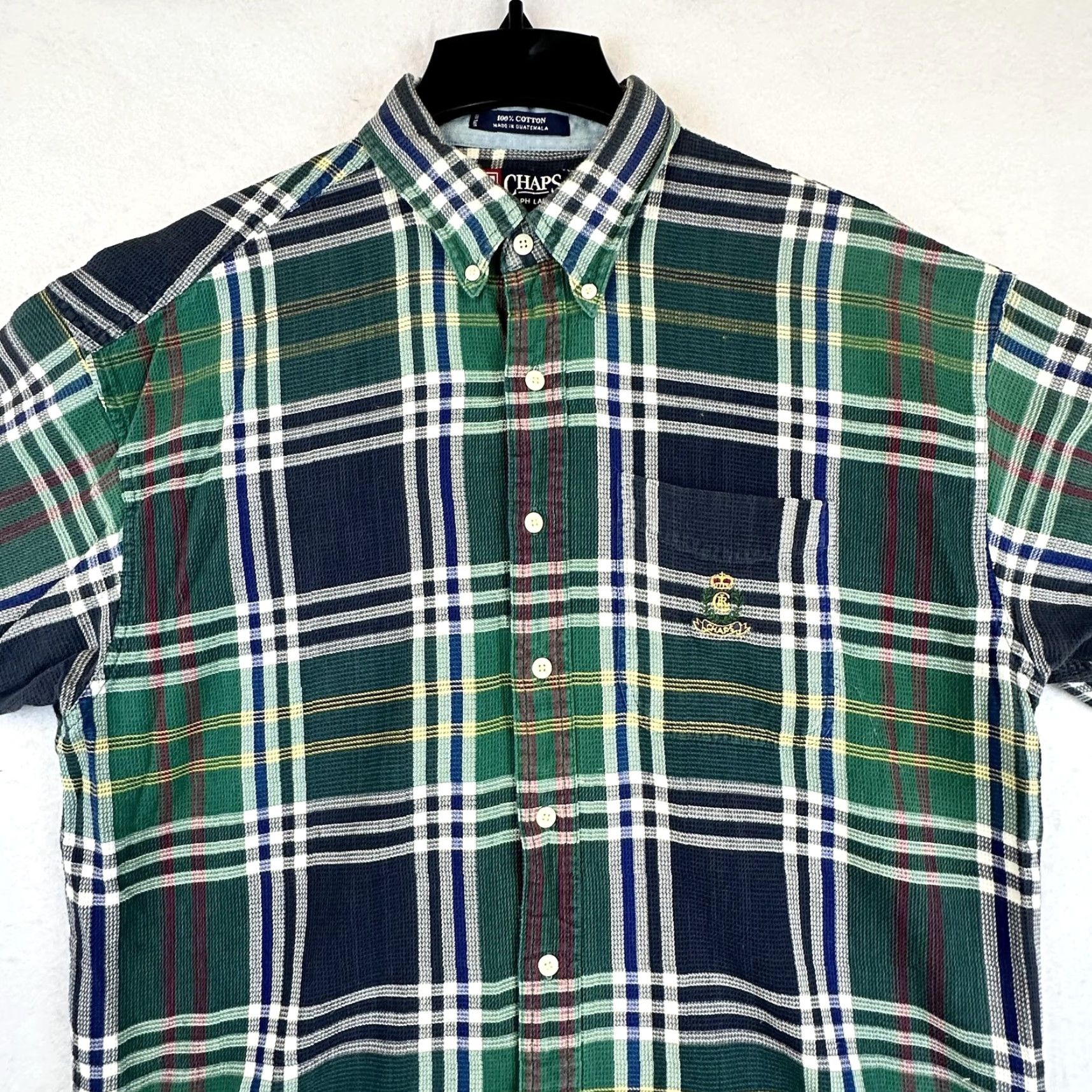 Chaps Chaps Ralph Lauren Shirt Mens Large Green Navy Plaid Short Sleeve Button-Up Crest Pocket Vintage No Size US L / EU 52-54 / 3 - 3 Thumbnail