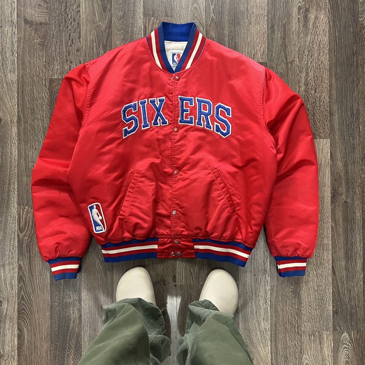 Image of Philadelphia 76Ers Starter Satin Varsity Jacket 90's in Red, Men's (Size XL)