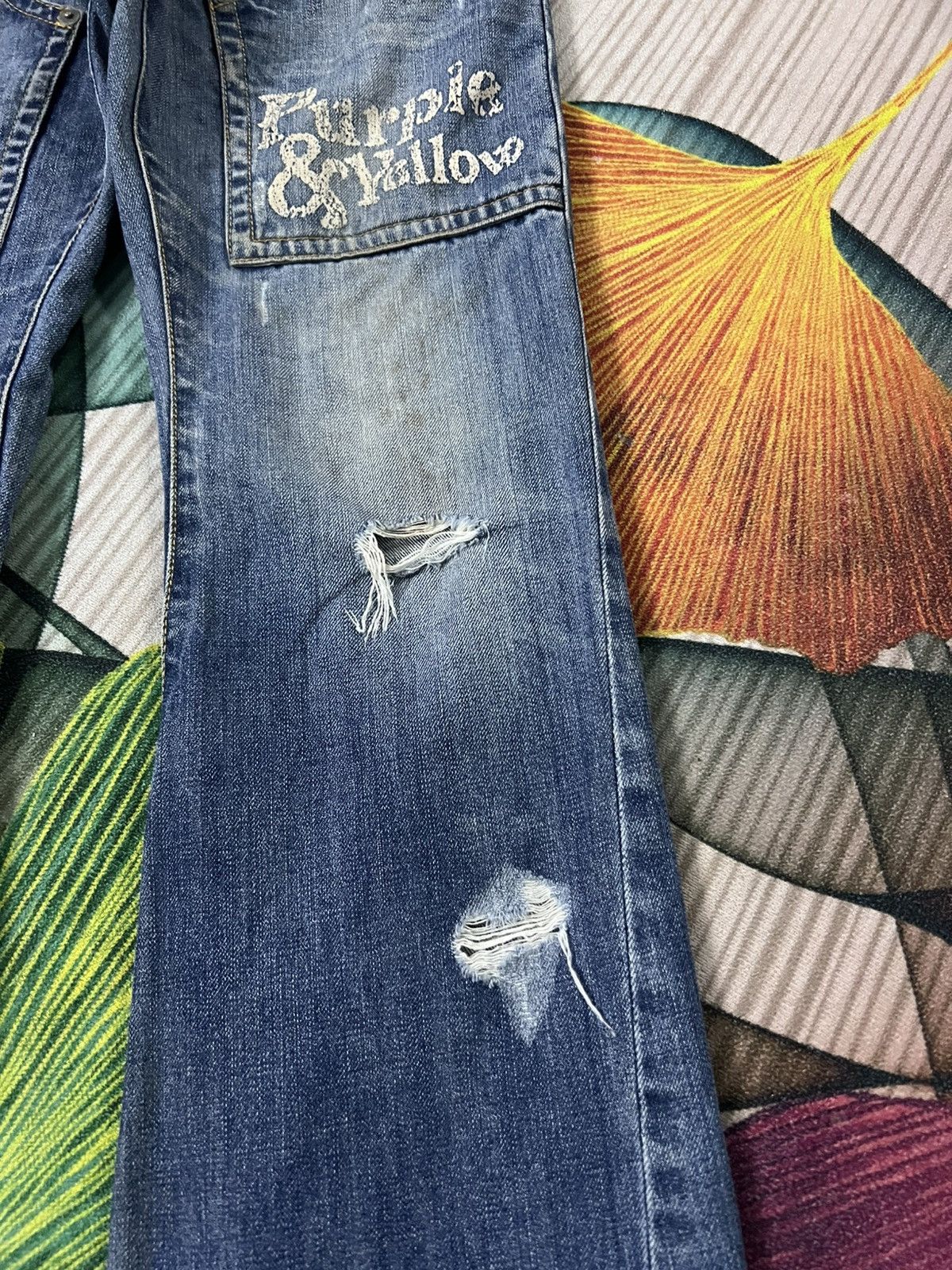 Japanese Brand 💥Twist Leg💥Purple & Yellow Distress Backle Back Flare Jean Size US 31 - 9 Thumbnail