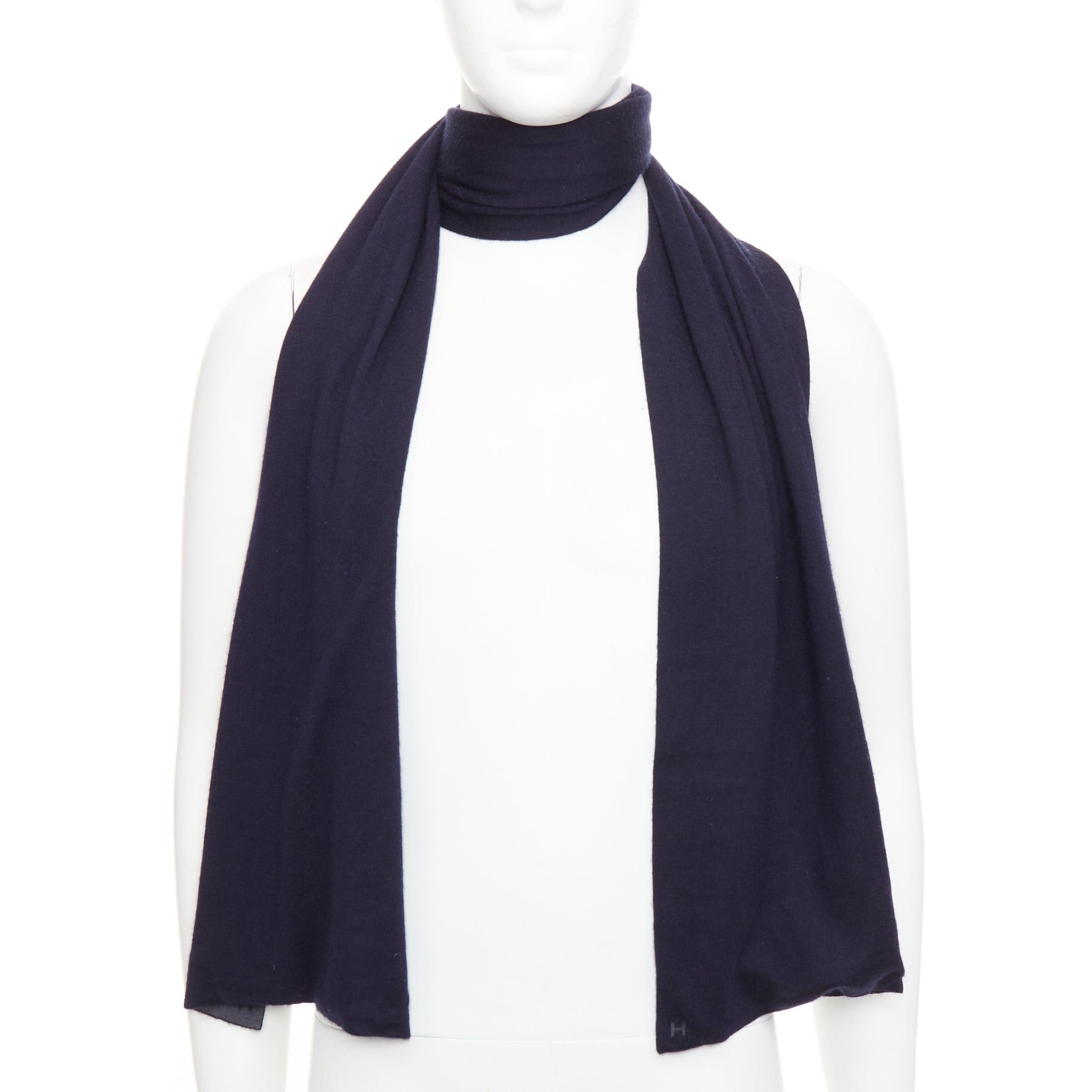 Hermes HERMES navy grey cashmere silk reversible H anagram long jersey scarf Size ONE SIZE - 1 Thumbnail