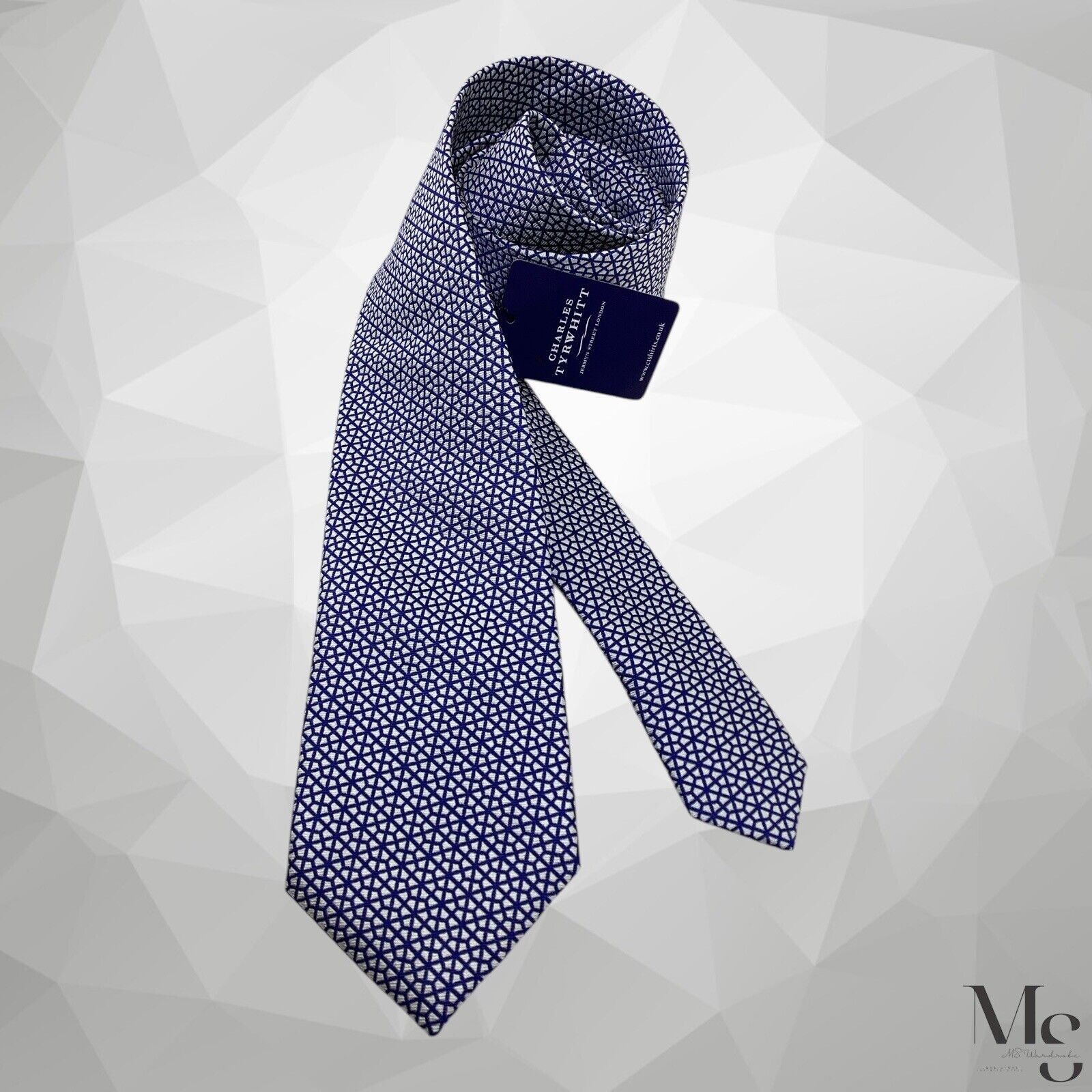 Charles Tyrwhitt CHARLES TYRWHITT Royal & White Geometric Lattice Silk Tie W: Size ONE SIZE - 1 Thumbnail
