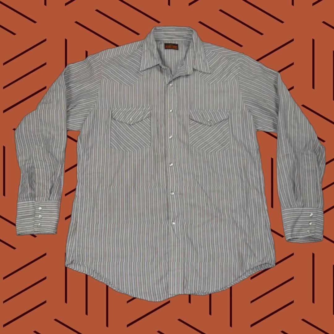 Wrangler VINTAGE Wrangler Western Shirt XL Brown Striped Cotton Blend Long Sleeve Snap Button-Up Cowboy Cut Men’s Regular Collar Western Theme Size US XL / EU 56 / 4 - 1 Thumbnail