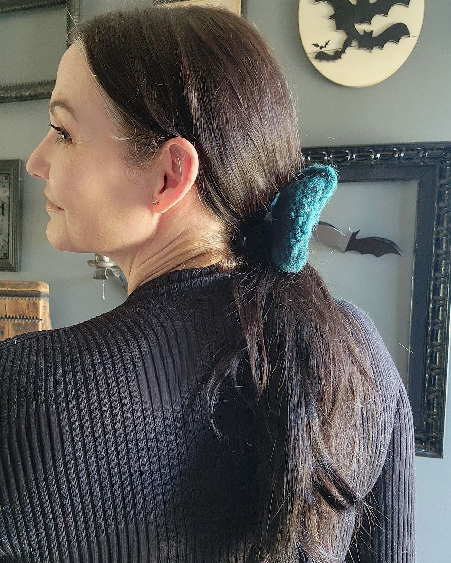 Handmade Knit Hair Bow, Handknitted Teal Ombre Ponytail Holder or Hai Size ONE SIZE - 13 Thumbnail
