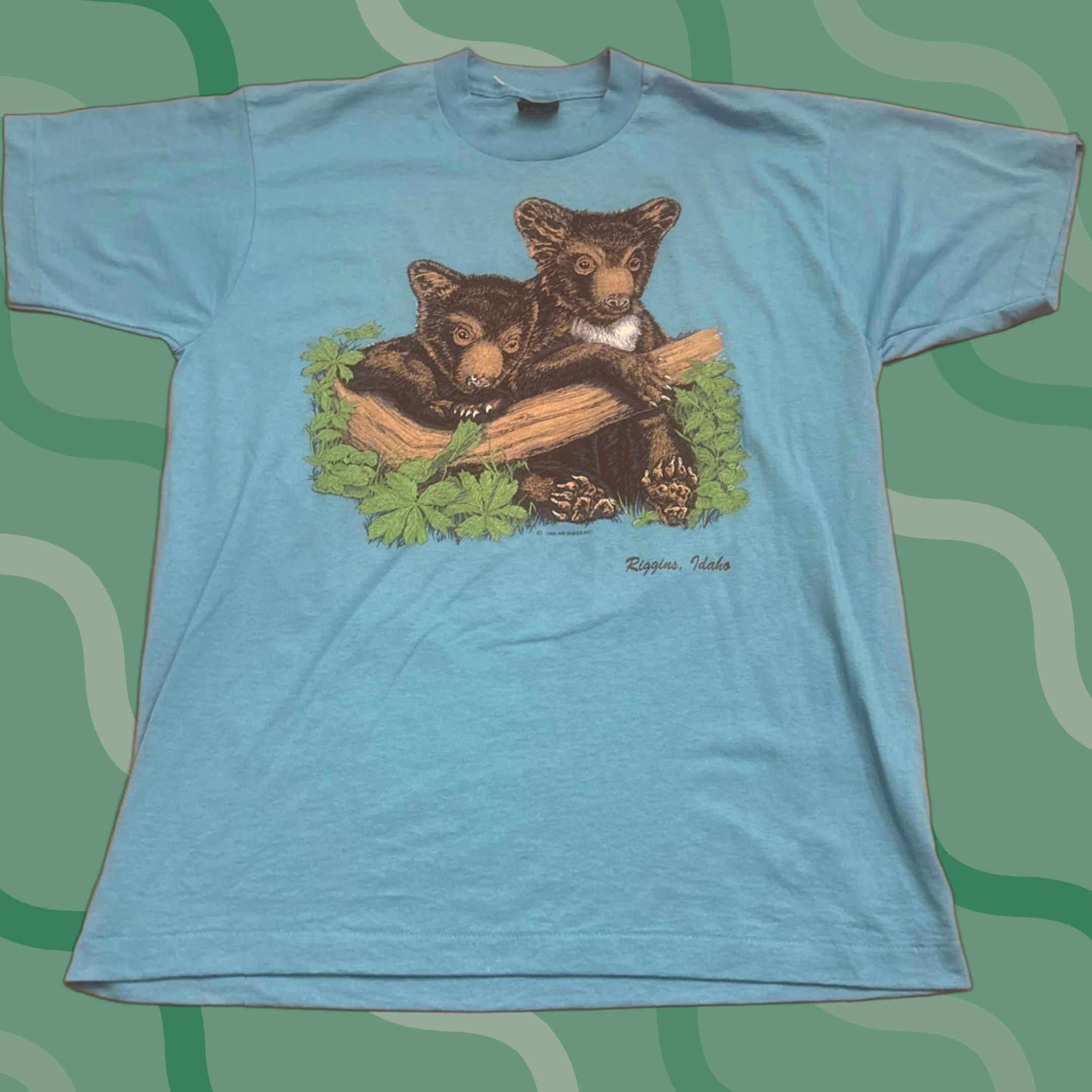 Vintage VINTAGE Screen Stars T-Shirt Brown Bear Cub Air Waves 80s Idaho XL Teal Mens X-Large Size US XL / EU 56 / 4 - 1 Thumbnail