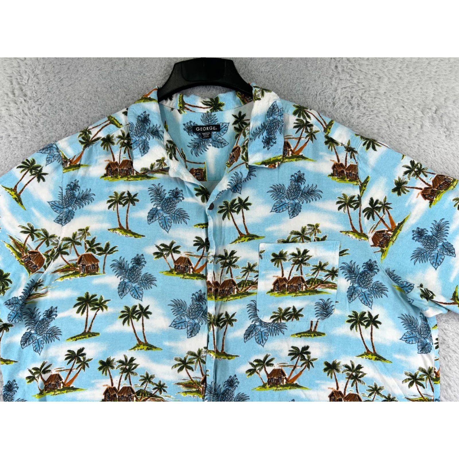 George George Hawaiian Shirt Adult 2XL Blue Pineapple Hut Palm Print 100% Rayon Floral Button-Up Short Sleeve Viscose Casual Mens Satin? Wait no. Size US XXL / EU 58 / 5 - 4 Thumbnail