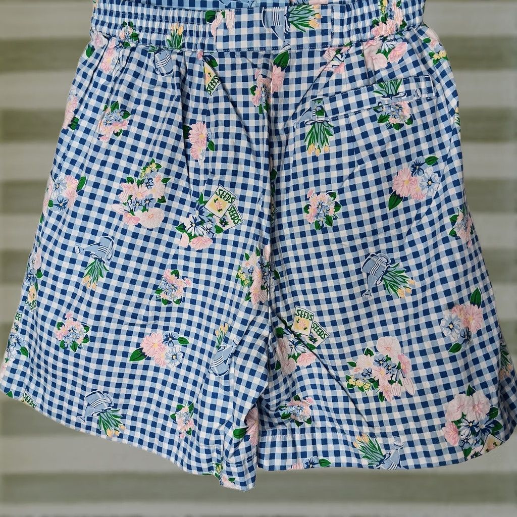 Vintage VINTAGE The Eagle's Eye Shorts Womens M Plaid Flower Garden Pleated Bow Blue 100% Cotton Spring Summer Fall Size 32" / US 10 / IT 46 - 1 Thumbnail
