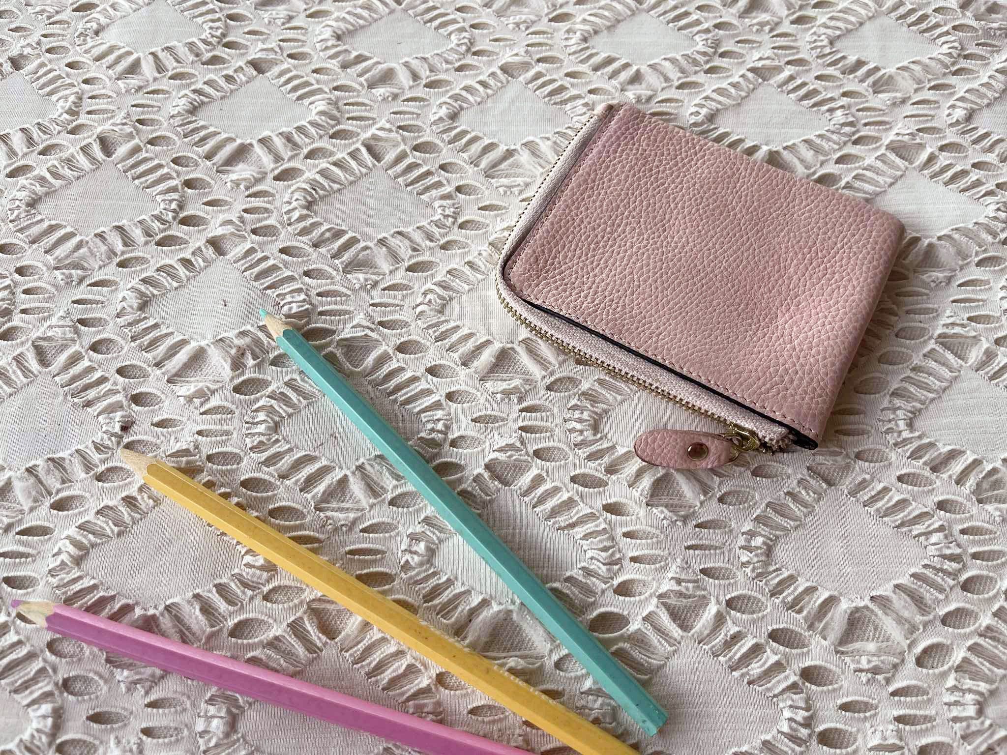 Vintage Pastel Pink Genuine Leather Half Zip wallet, slim wallet Size ONE SIZE - 3 Thumbnail