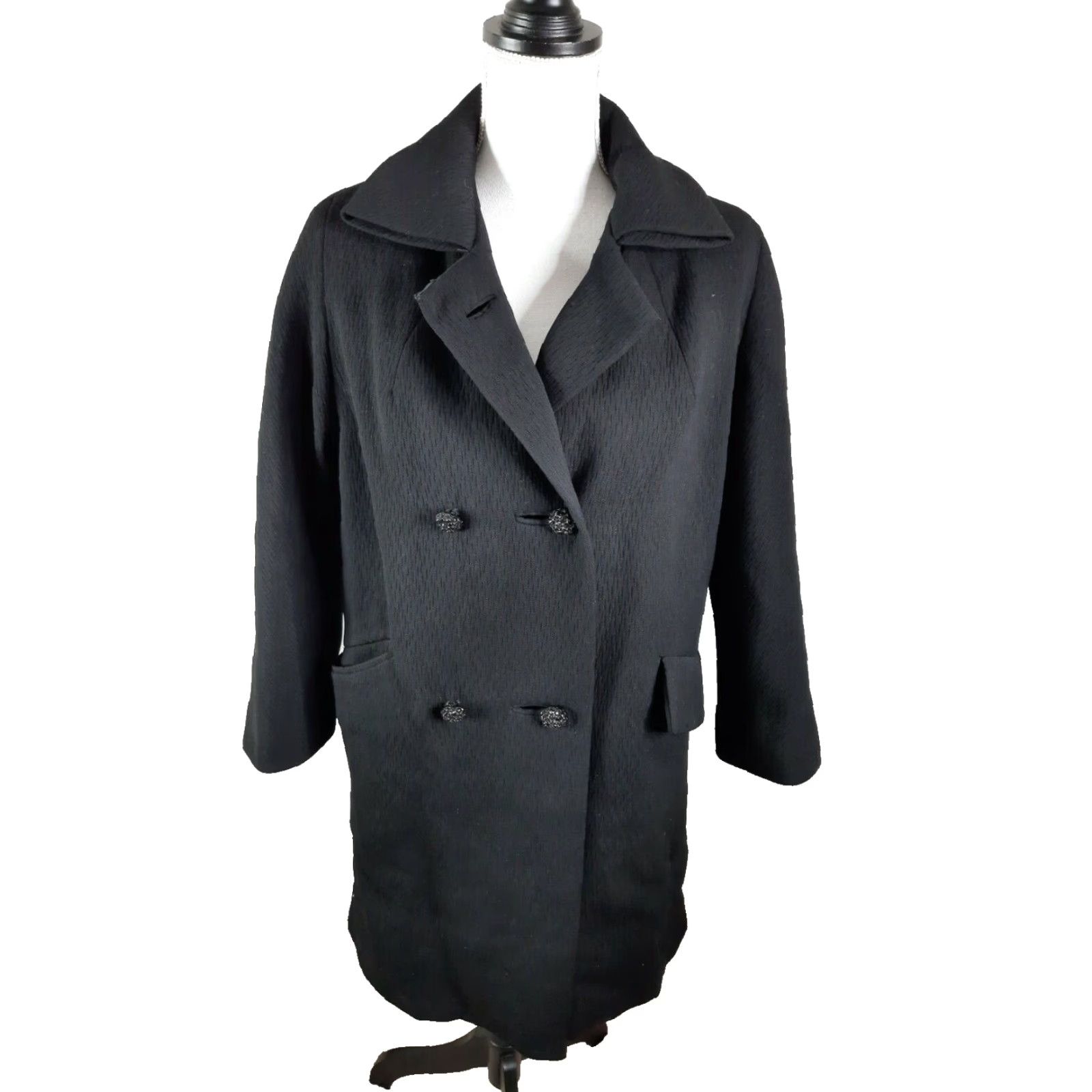 Doublet VINTAGE Edevins Women's Pea Coat Long Wool Black Double Breasted 60s 70s Coat Menswomen Size L / US 10 / IT 46 - 3 Thumbnail