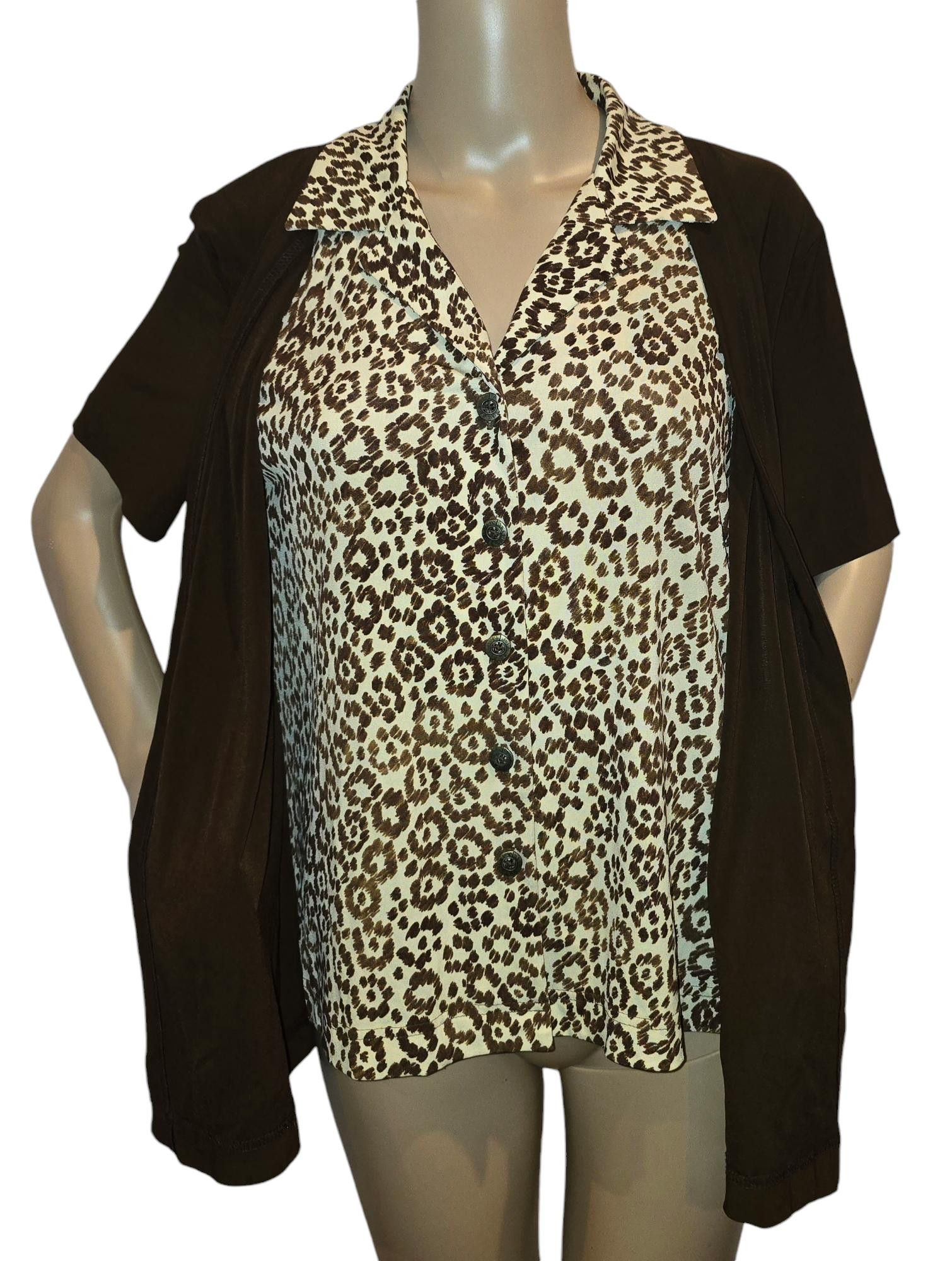 Designer Chic Brown Short Sleeve Shirt with Leopard Print Size XL / US 12-14 / IT 48-50 - 3 Thumbnail