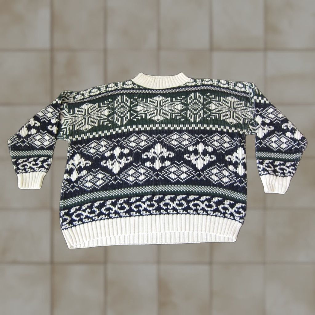 Vintage VINTAGE Sweater Mens M White Green Blue Diamond Chunky Knit Textured 90s Pullover Crew Neck Long Sleeve Knit Regular Mens Size US M / EU 48-50 / 2 - 1 Thumbnail
