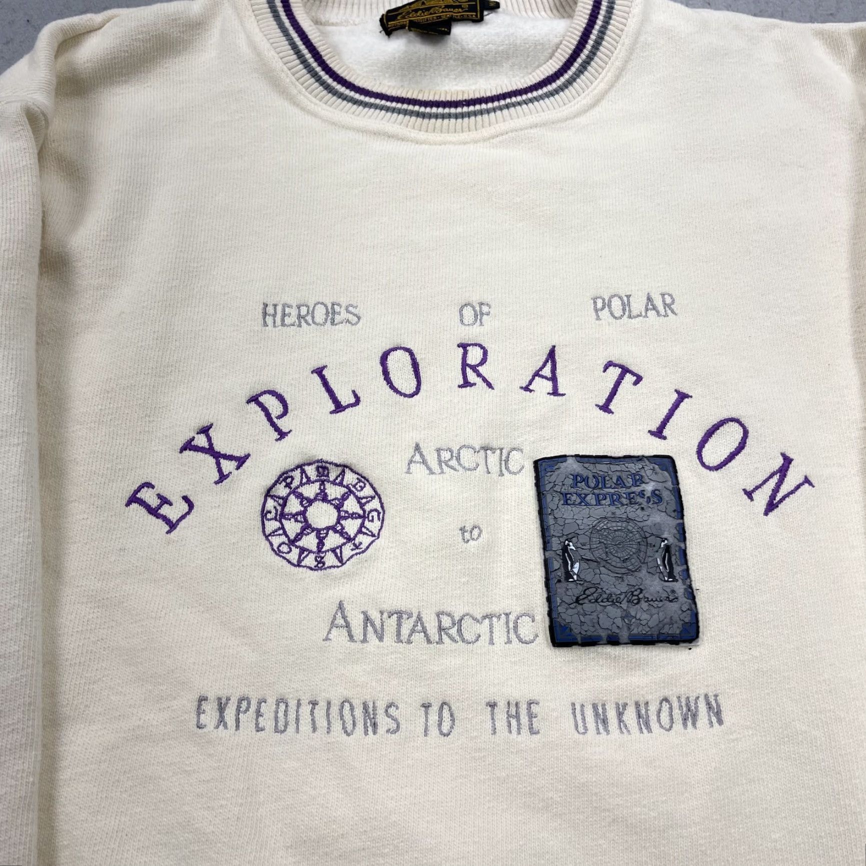 Eddie Bauer VINTAGE Eddie Bauer Sweatshirt Mens M Polar Express Ringer Crewneck 90s Ivory Cotton Fleece Logo Pullover Size US M / EU 48-50 / 2 - 2 Thumbnail