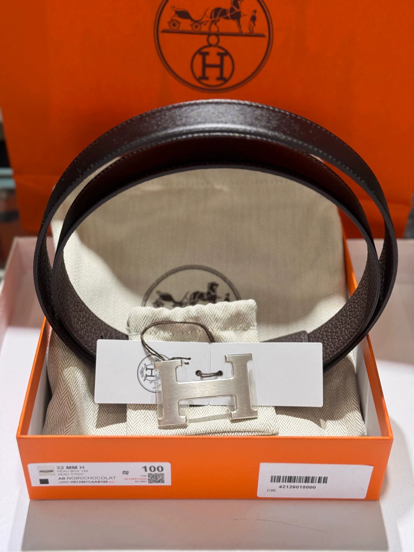 Hermes HERMES Double Cowhide 32mm 100cm Belt Black Choc H Silver K Size ONE SIZE - 2 Thumbnail