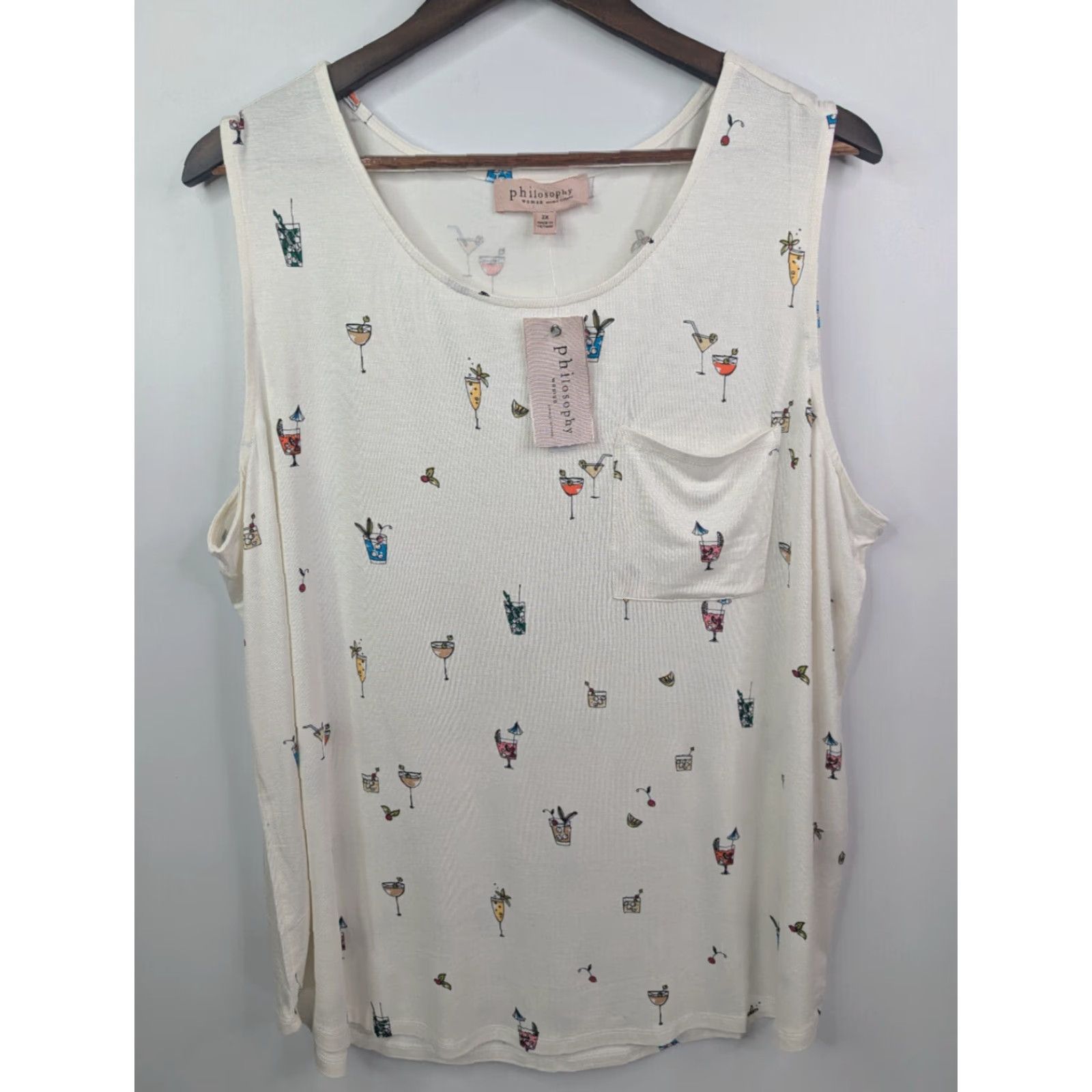 Vintage Philosophy Ivory Cocktail Print Hi-Low Hem Tunic Tank Pocket Top Size 2X MrsP 8 Size XXL / US 16-18 / IT 52-54 - 2 Thumbnail