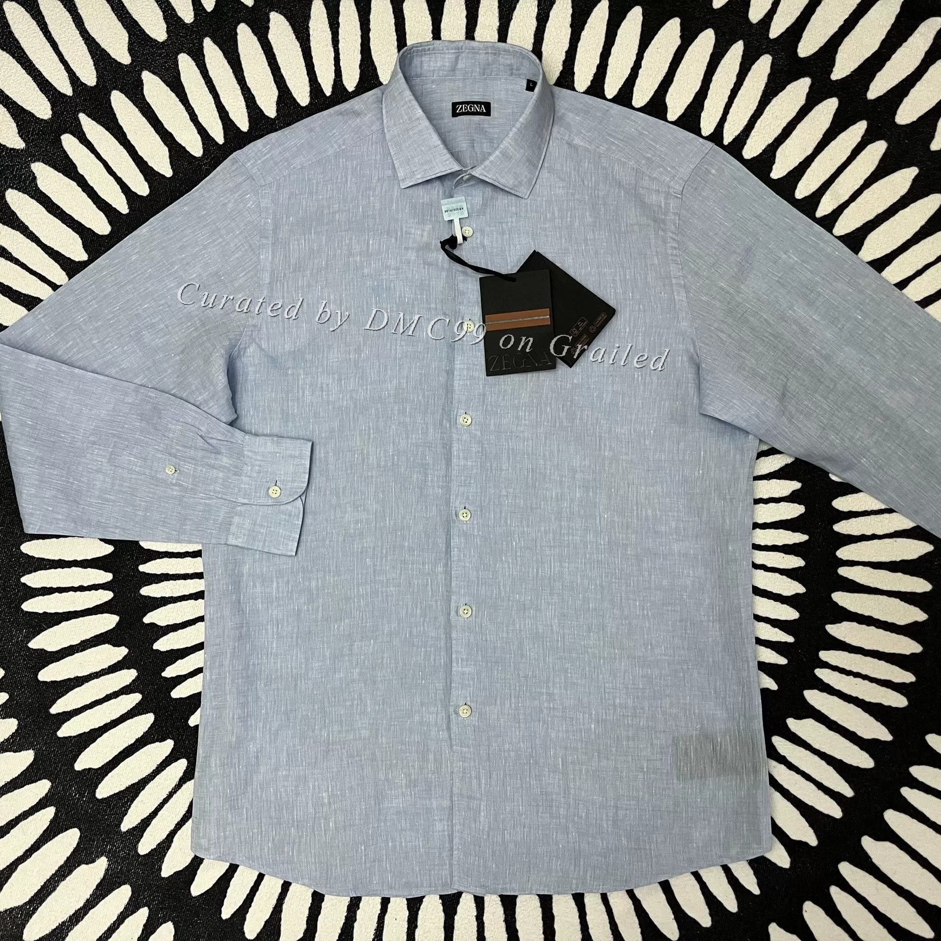 Ermenegildo Zegna ZEGNA Light Blue Linen Long-Sleeve Shirt Size US S / EU 44-46 / 1 - 1 Thumbnail