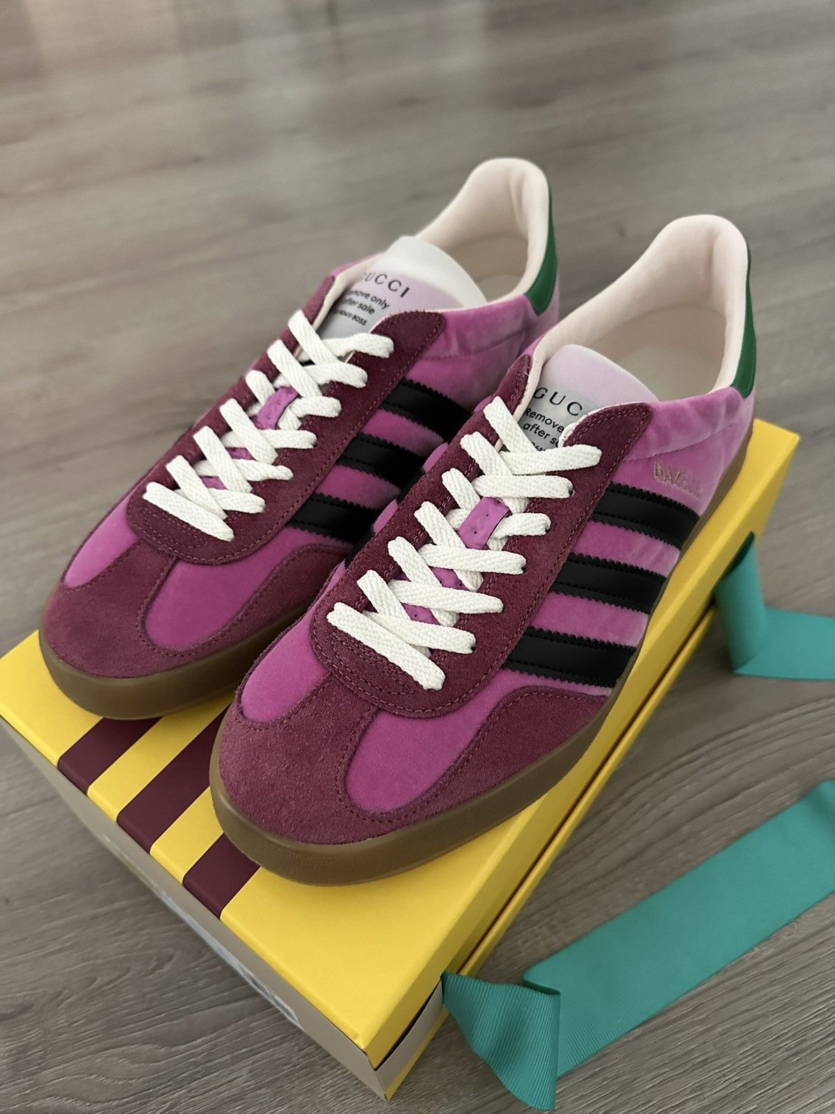 adidas gazelle silver green womens Adidas x Gucci Gazelle Sneaker in Pink Suede with Black Stripes and Gr –  Hollo Shoe