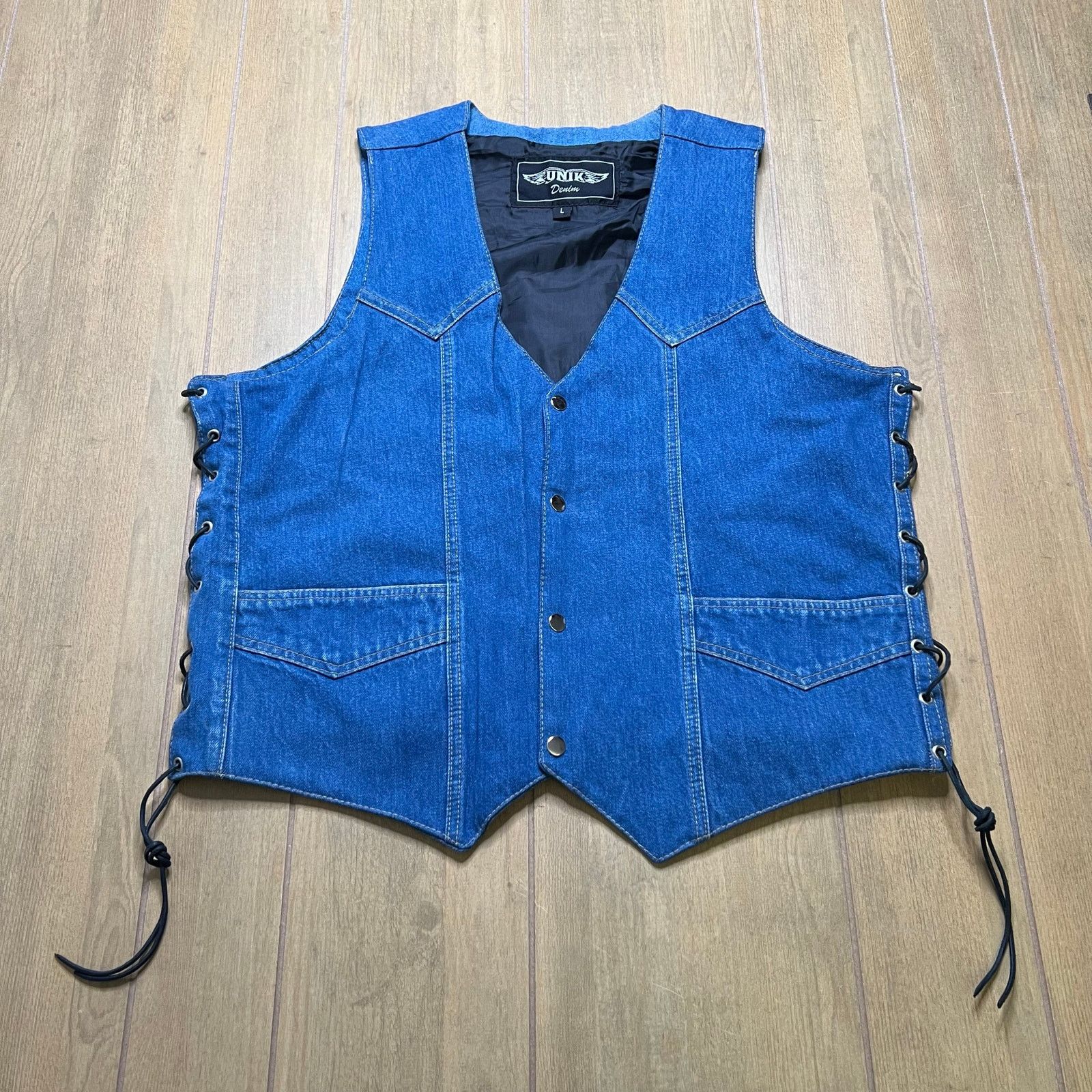 UNIK International Inc. Vintage‎ UNIK Denim Motorcycle Biker Denim Vest Lace Sz L Size US L / EU 52-54 / 3 - 9 Thumbnail