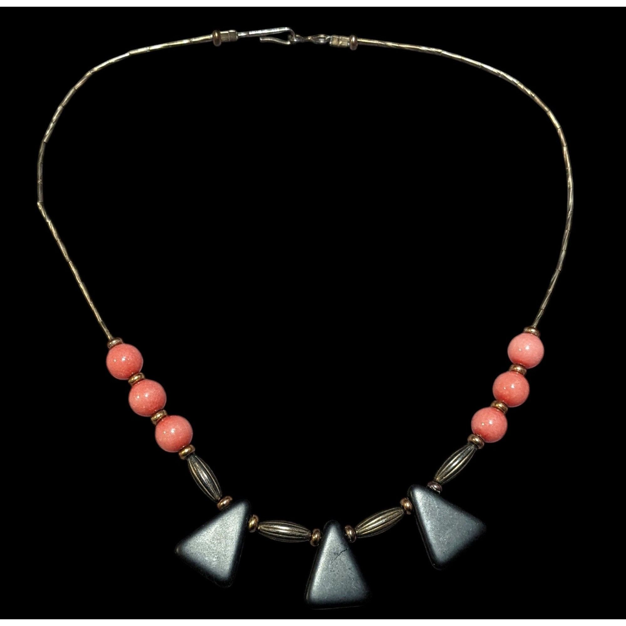 Other Vintage Geometric Onyx Pink Gem And Silver Tone Beaded Neckl Size ONE SIZE - 1 Thumbnail