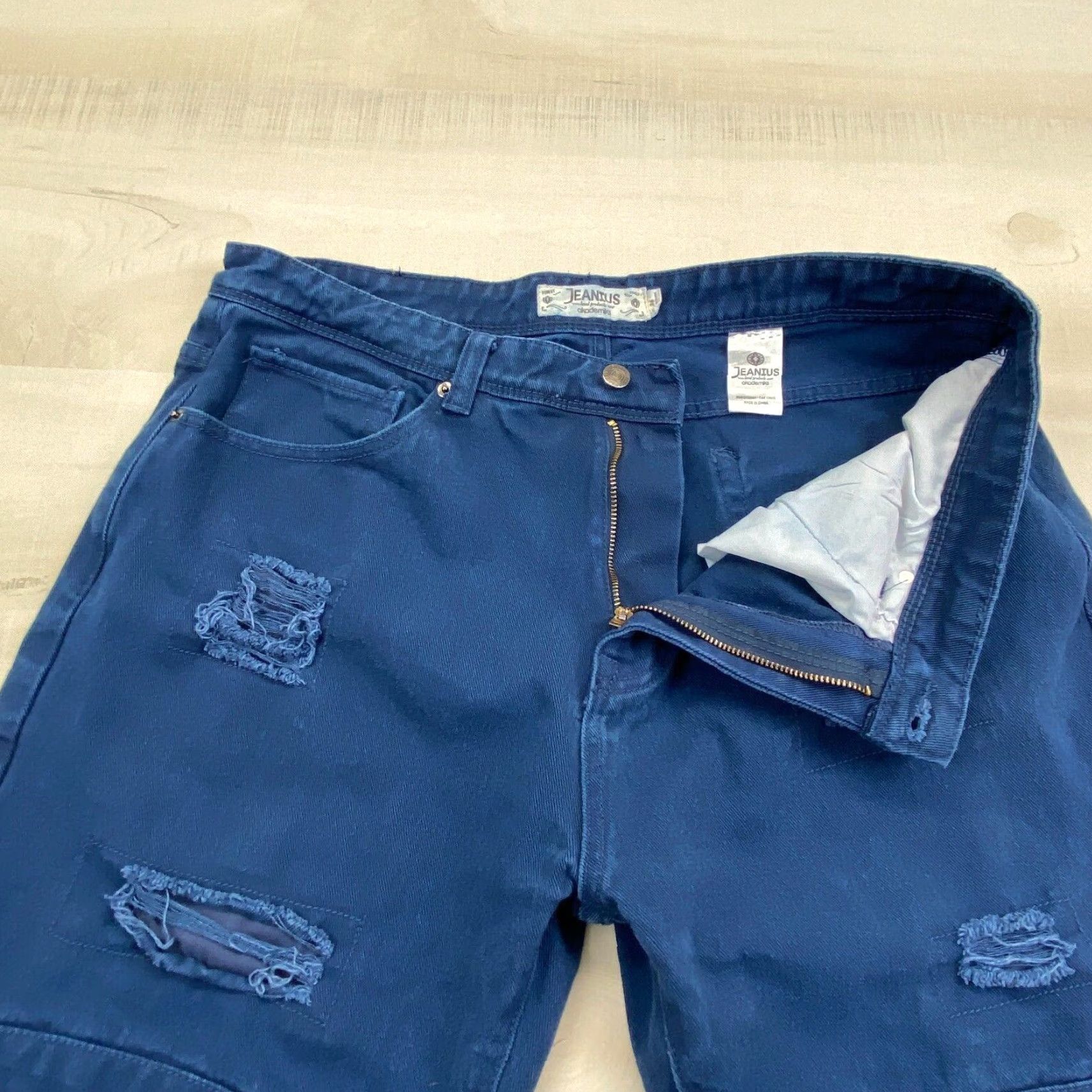 Denime Jeanius Mens Denim Shorts 36 Blue Denim Distressed Frayed 12.5 Inch Inseam Size US 36 / EU 52 - 3 Thumbnail