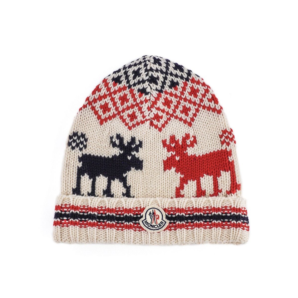 image of Moncler Winter Pattern Logo Knitted Lana Wool Beanie Hat in White, Men's