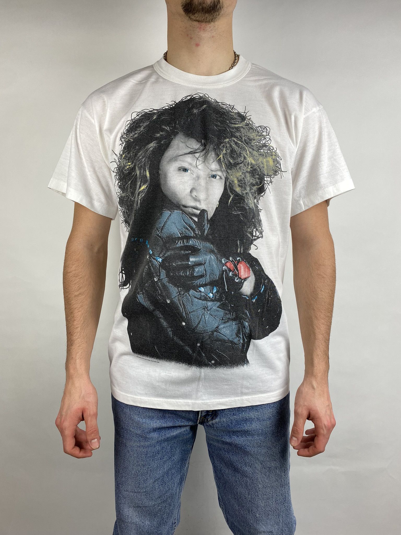 image of Band Tees x Bon Jovi Vintage 1988 Bon Jovi Band T-Shirt Tee Y2K Streetwear Single in White (Size XL