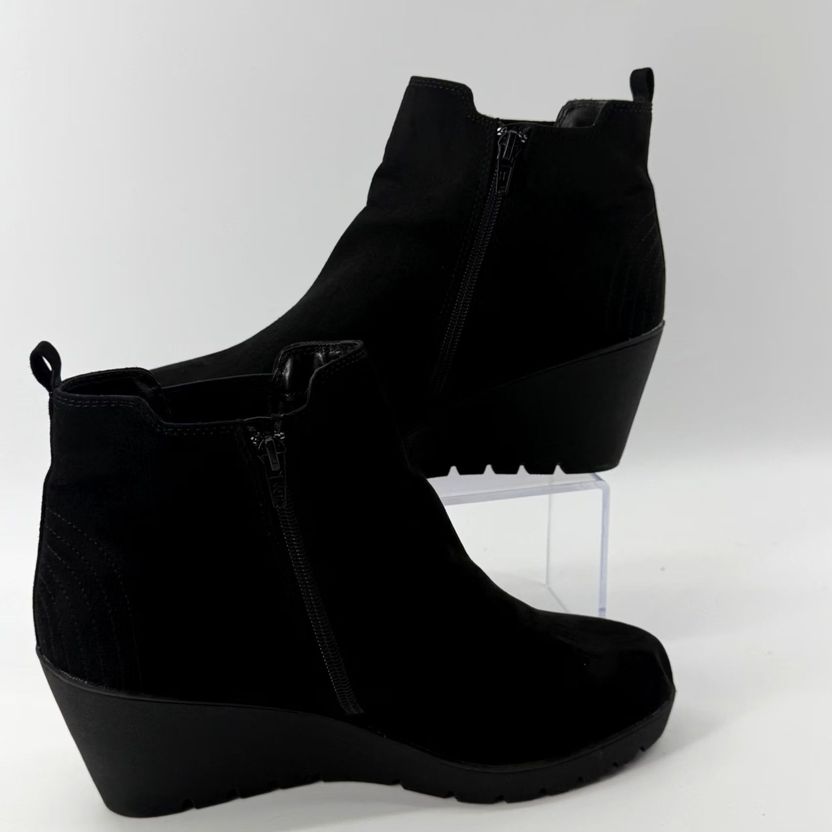 Vintage Dexflex Comfort Selma 11W Wedge Ankle Boots Black Fabric Zipper Wide Booties Size US 12 / IT 42 - 7 Thumbnail