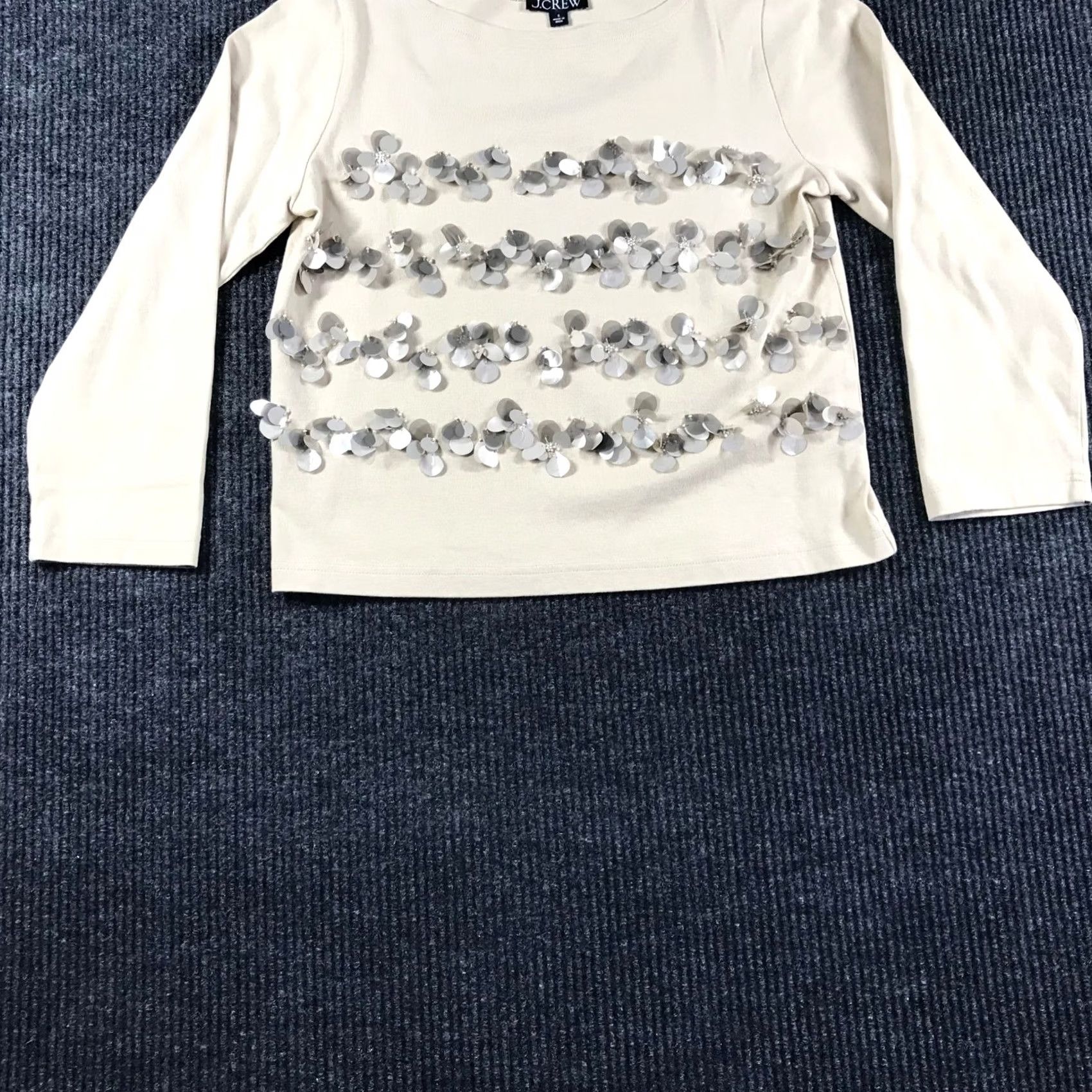 J.Crew J.Crew Womens Beige Sequin Floral Embellished Long Sleeve Top Size S Boat Neck Shirt Womens Size S / US 4 / IT 40 - 3 Thumbnail