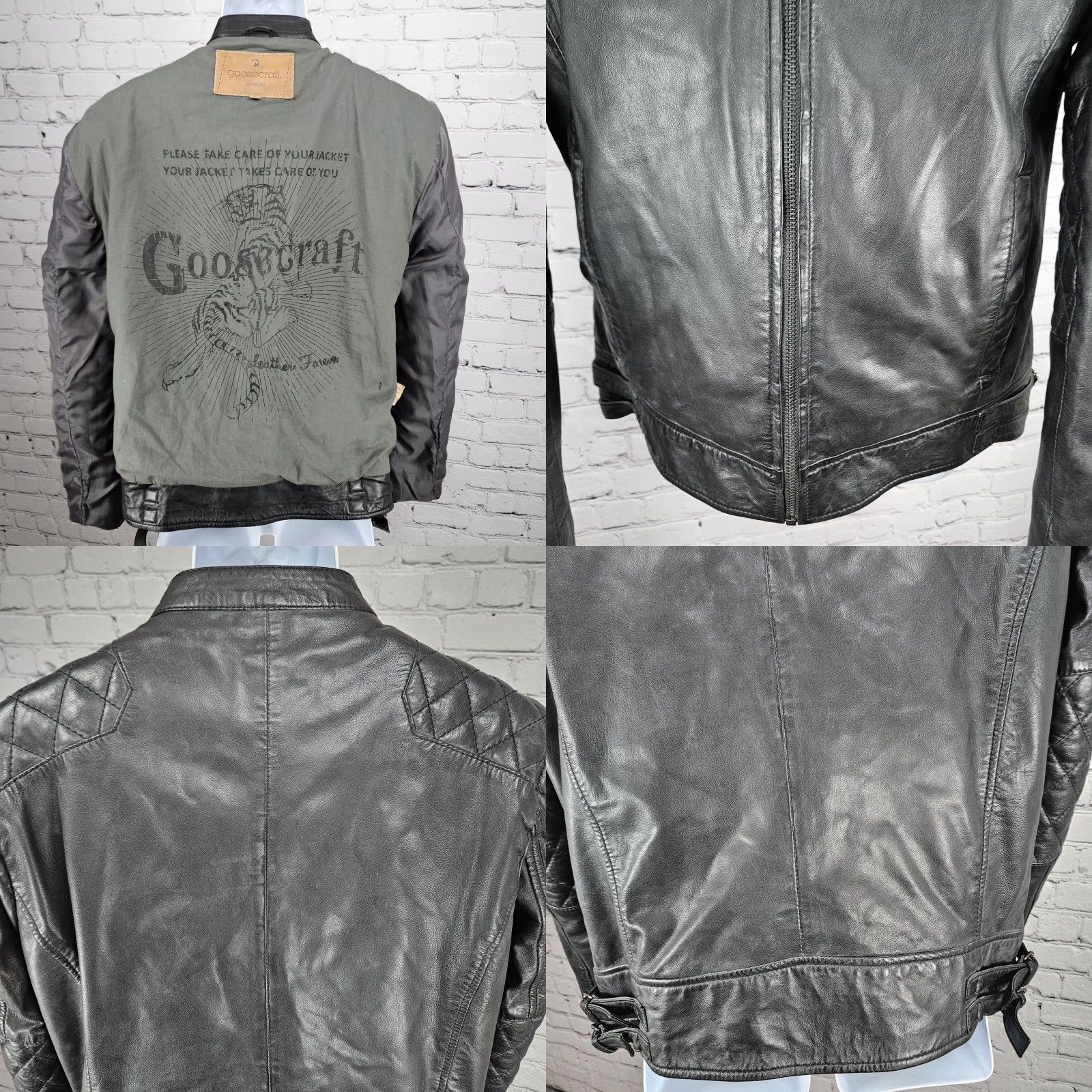 GOOSECRAFT Goosecraft Jacket Black Genuine Leather Short Moto Quilted Cotton Lined Zip Pockets Bands Collar Men M 41in Chest Size US M / EU 48-50 / 2 - 8 Thumbnail