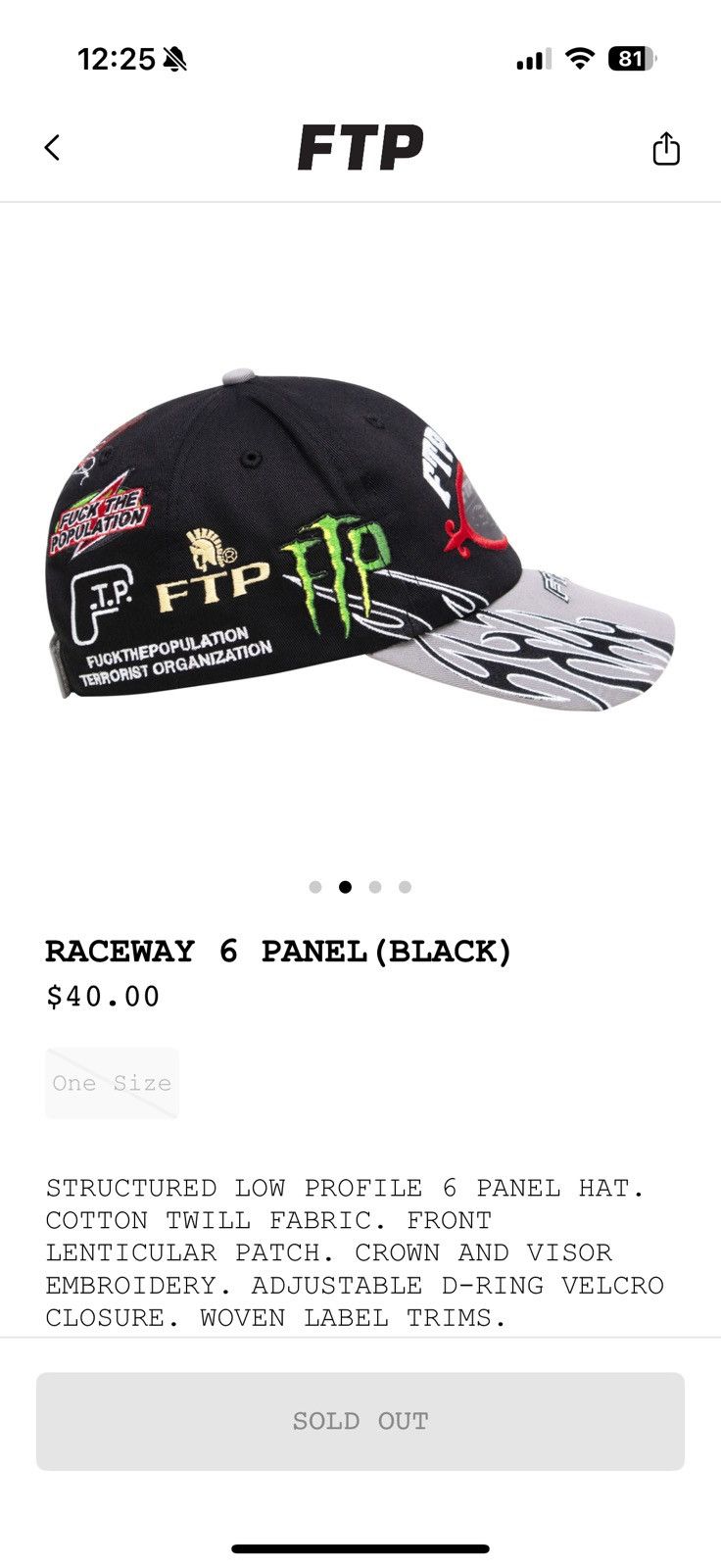 Fuck The Population FTP Raceway 6 Panel Hat Size ONE SIZE - 2 Thumbnail