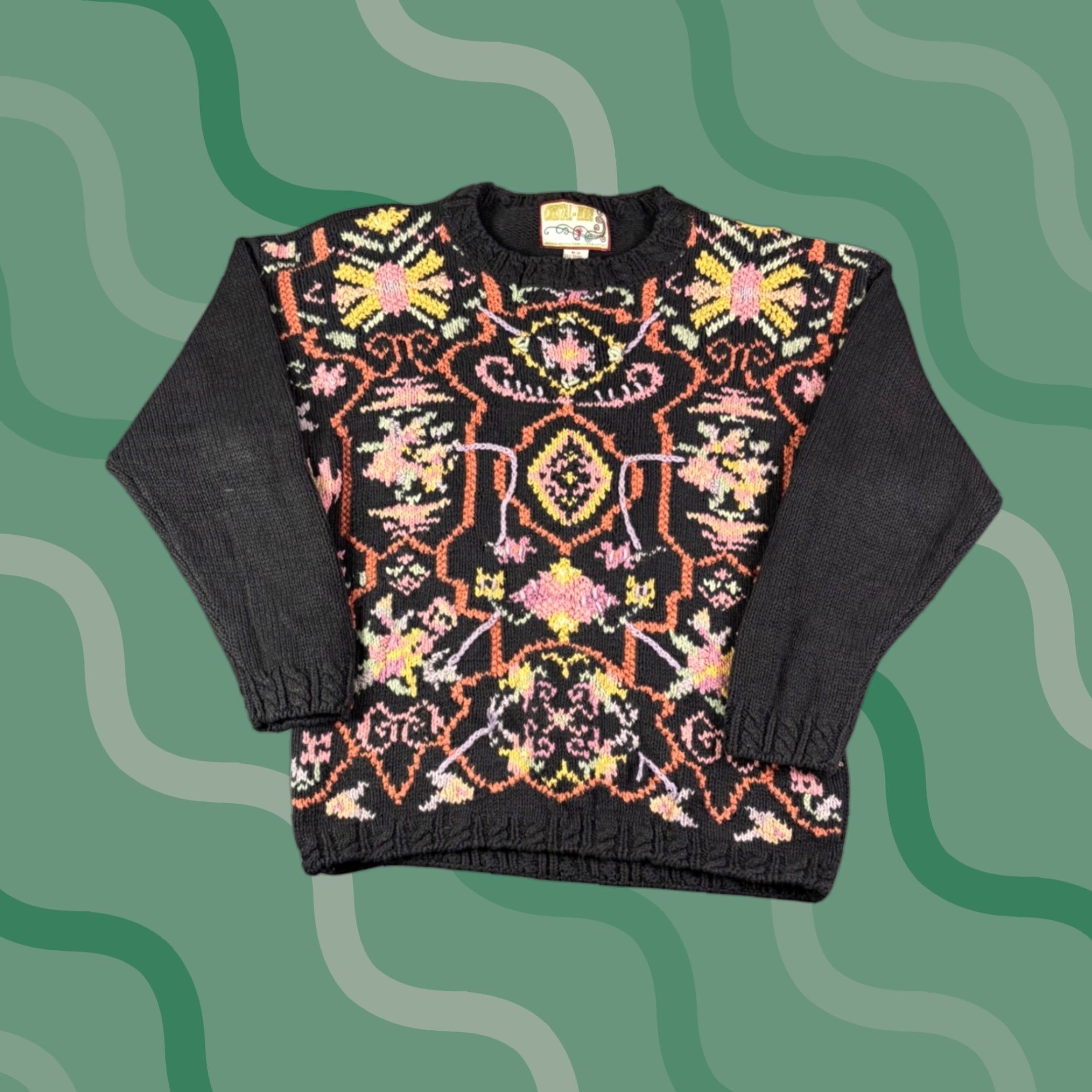Vintage Cristal Kobe Black Floral Knit Sweater M Vintage 90s Woman Ramie Cotton Crew Neck Asymmetrical Sleeve Bohemian Nature Graphic Print Knit Size M / US 6-8 / IT 42-44 - 1 Thumbnail