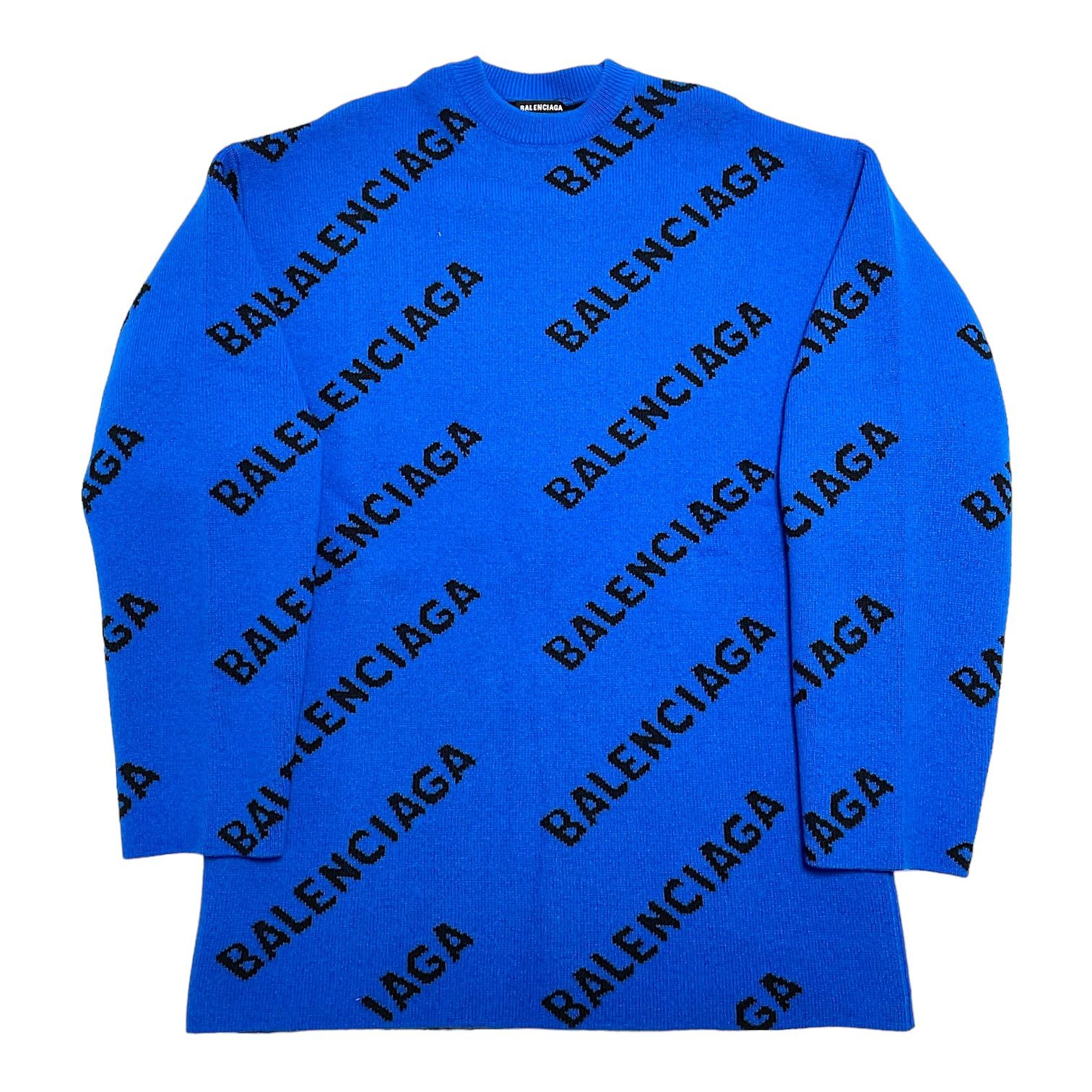 image of Balenciaga All Over Logo Intarsia Knit Sweater Blue Black, Men's (Size Small)