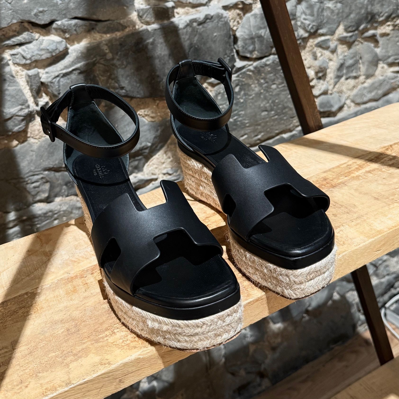 Hermes Hermès Black Leather Elda Wedges Espadrilles H Sandals Size US 11 / IT 41 - 2 Thumbnail