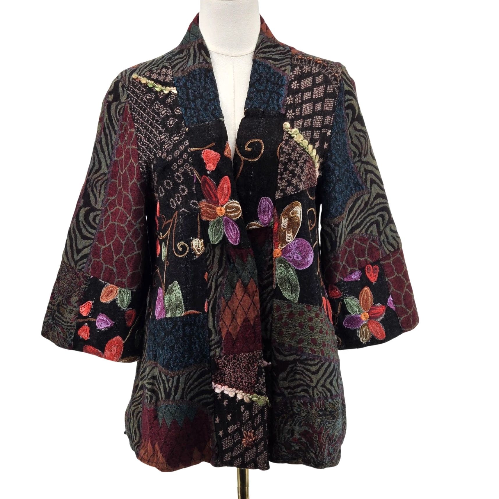 Soft Surroundings Soft Surroundings Jacket Womens PM Black Floral Tweed Kimono Embroidered Lined Size M / US 6-8 / IT 42-44 - 2 Thumbnail