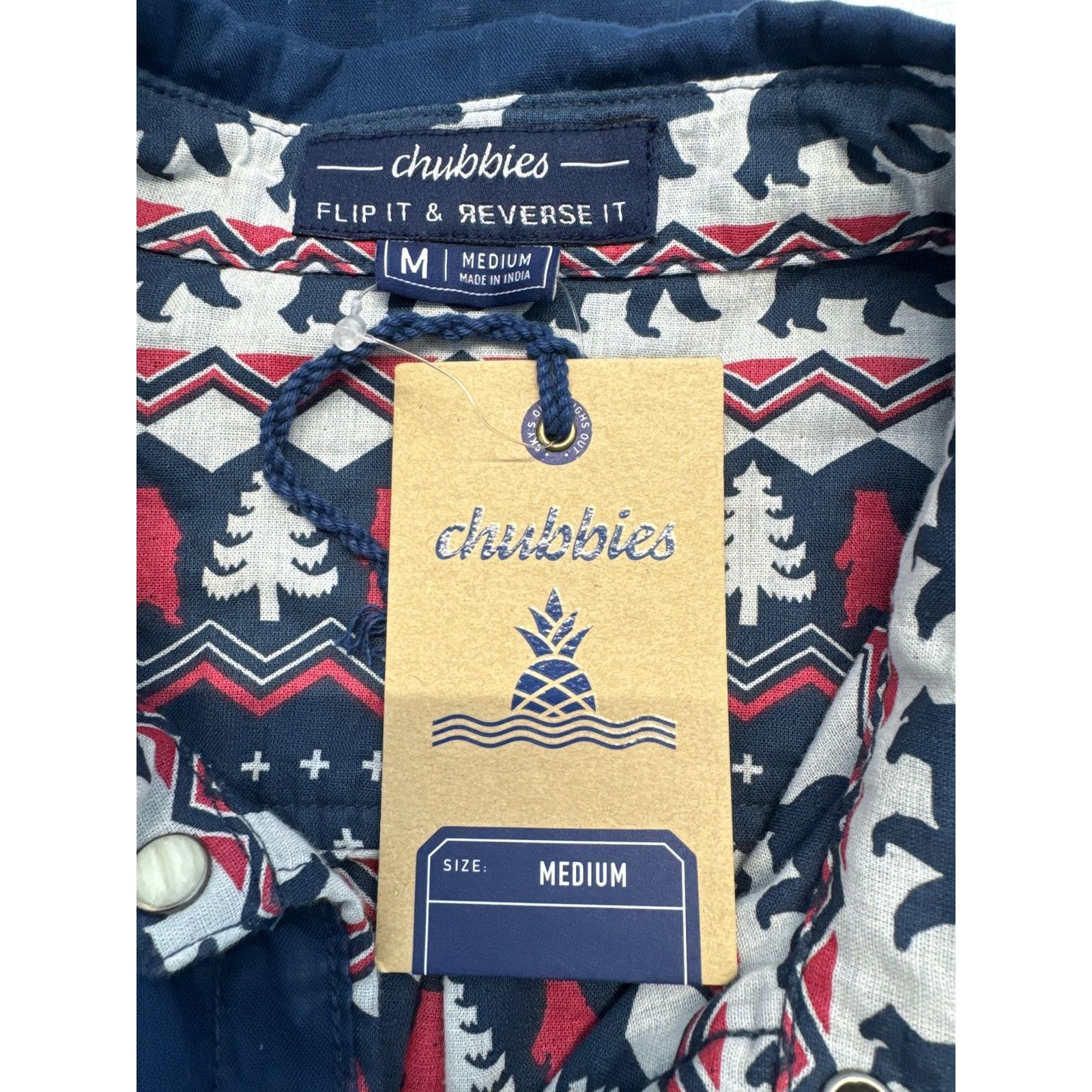 Chubbies Blue Reversible Red Polar Bear Pearl Snaps men sz M