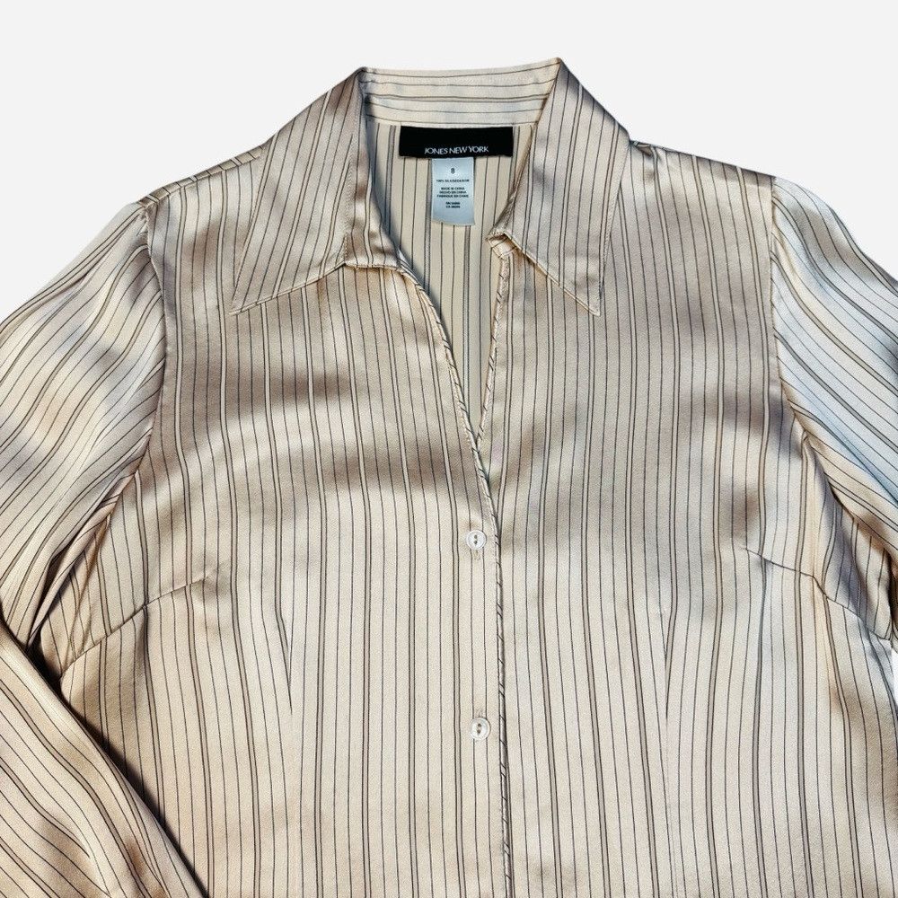 Jones New York Jones New York 100% Silk Long Sleeve Stripe Beige Blouse Si Size M / US 6-8 / IT 42-44 - 4 Thumbnail