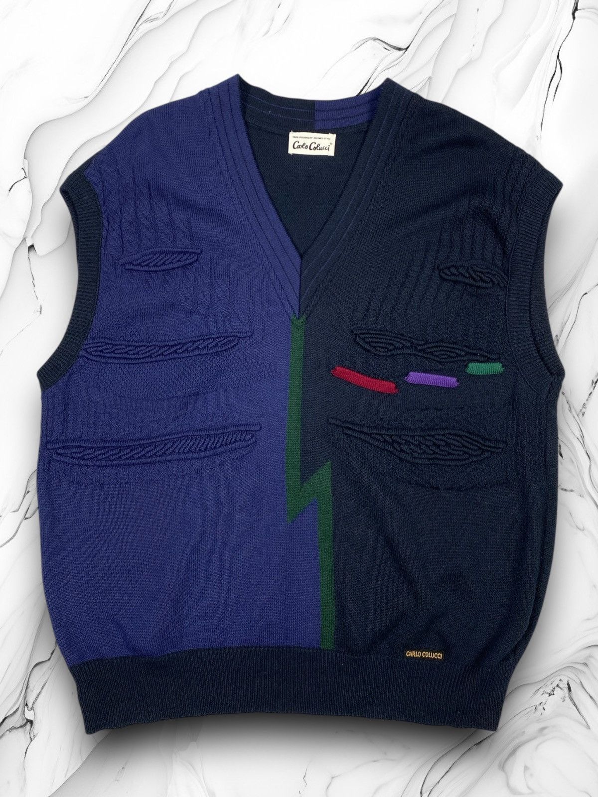 Carlo Colucci Vintage 80s Carlo Colucci Wool Knit Vest Navy Blue Size XXL Size US XL / EU 56 / 4 - 1 Thumbnail