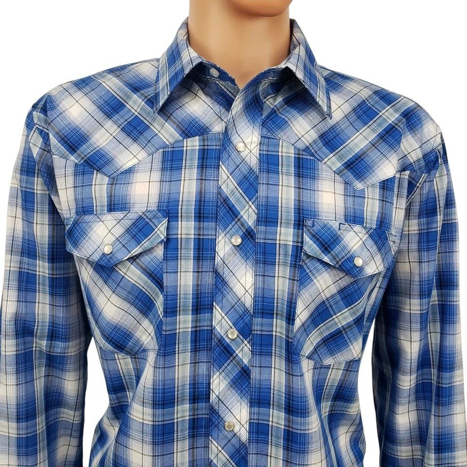 Wrangler NWOT Wrangler Western Snap Shirt Blue Plaid Check Men L Size US L / EU 52-54 / 3 - 5 Thumbnail