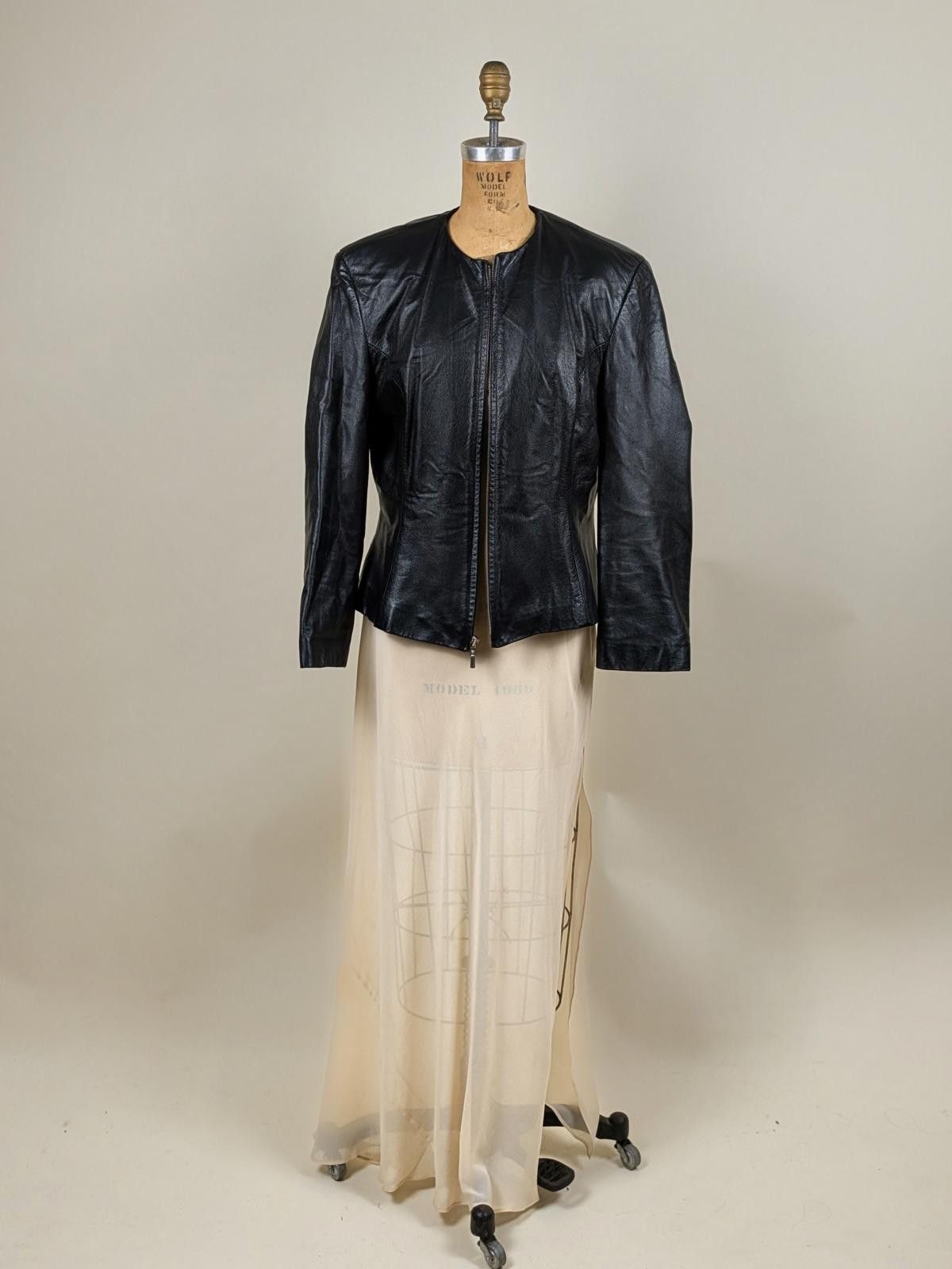 Maximilian Davis 1990's collarless black leather jacket Size L / US 10 / IT 46 - 2 Thumbnail