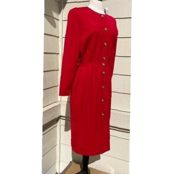 Valentino VINTAGE Valentino Miss V Red Wool Gold Button Front Dress 10 Women Pencil Dress Sheath Knee Length Modest 90s Mens? Size L / US 10 / IT 46 - 5 Thumbnail