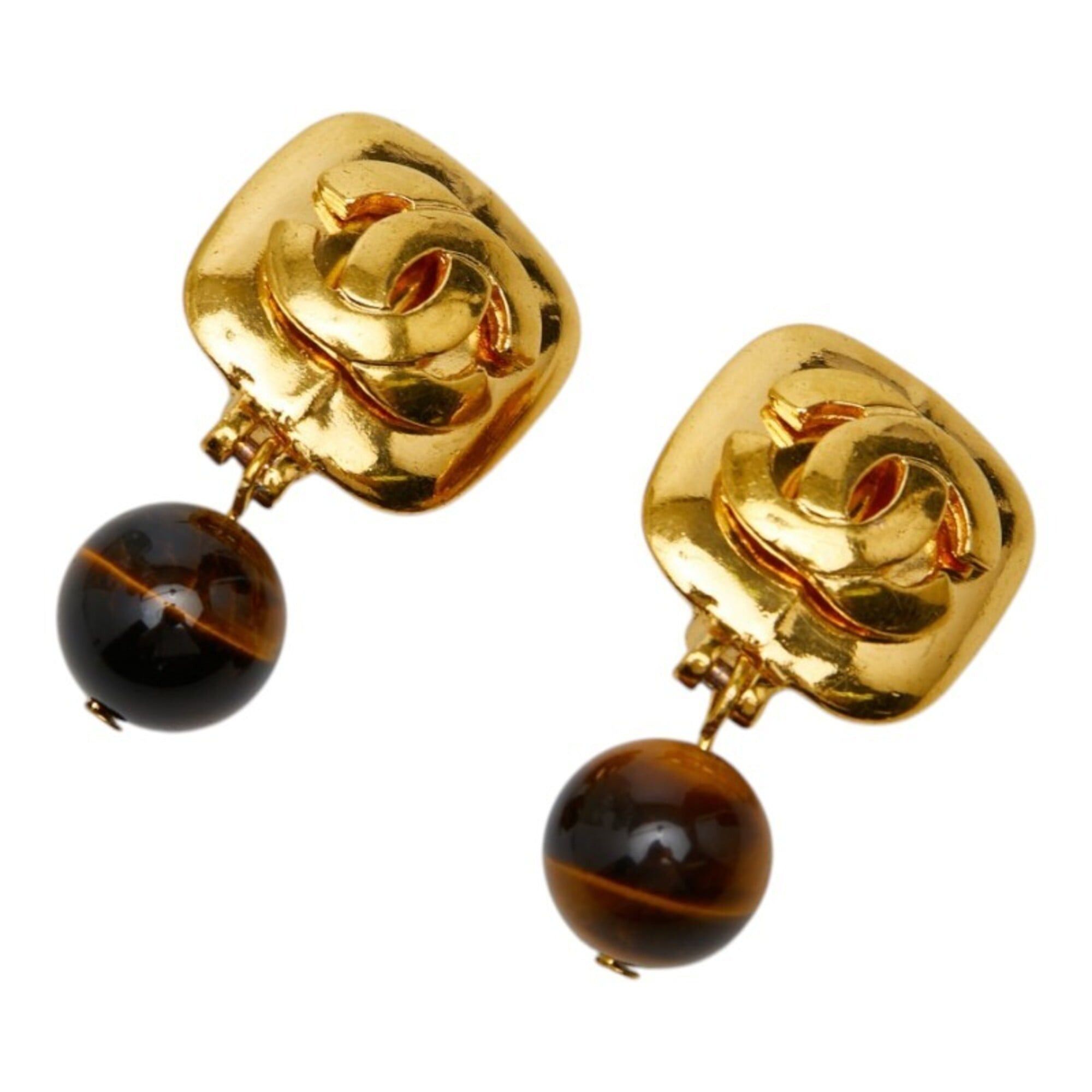 Chanel Chanel Vintage Coco Mark Earrings, Gold and Brown Plated, Tiger Eye, Women's CHANEL Size ONE SIZE - 1 Thumbnail