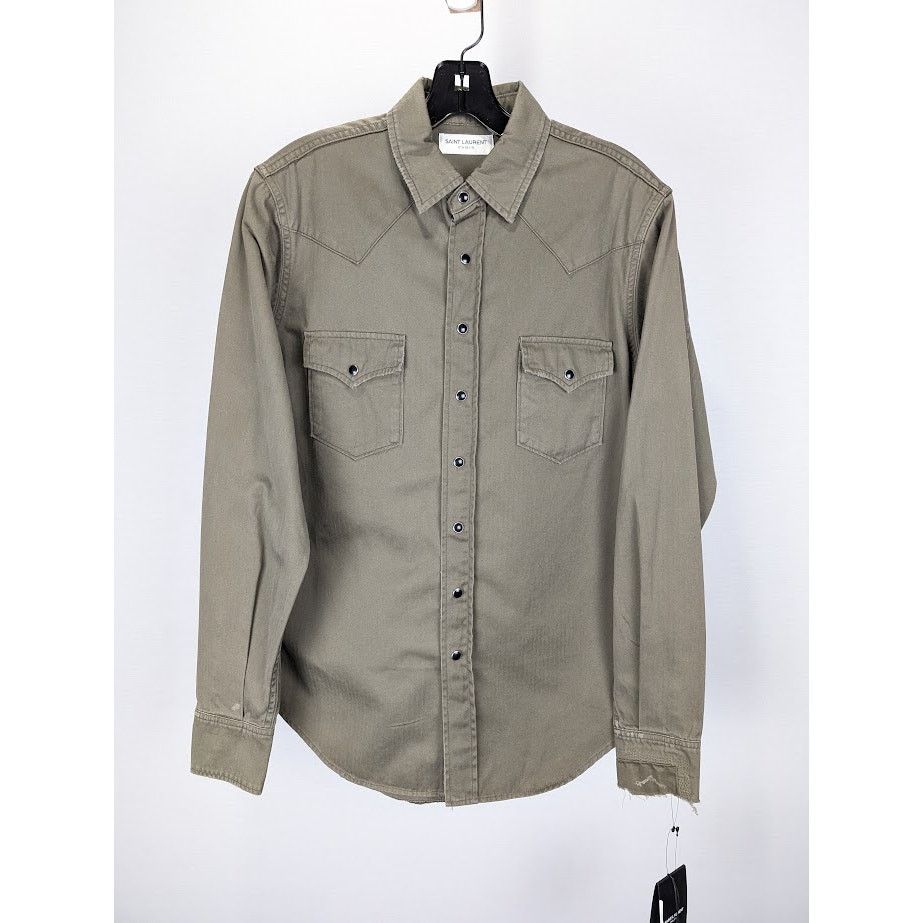 Saint Laurent Paris o1rshd1 Classic Western Shirt in Khaki Stonewash Size US M / EU 48-50 / 2 - 1 Thumbnail