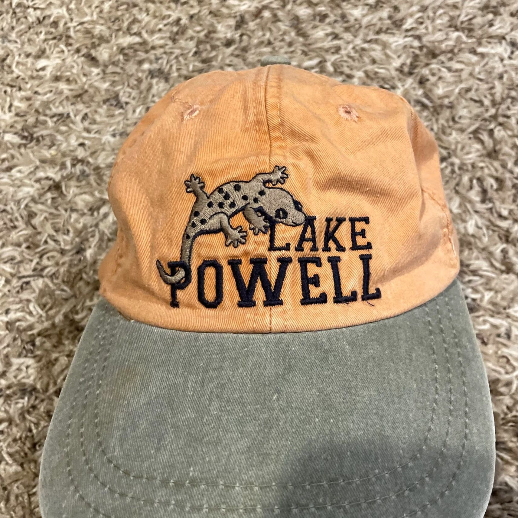 Vintage VINTAGE Lake Powell Hat Strap Back Orange Tan Embroidered Lizard Outdoors Mens Cap OSFM Adjustable Cotton Canvas Size ONE SIZE - 3 Thumbnail