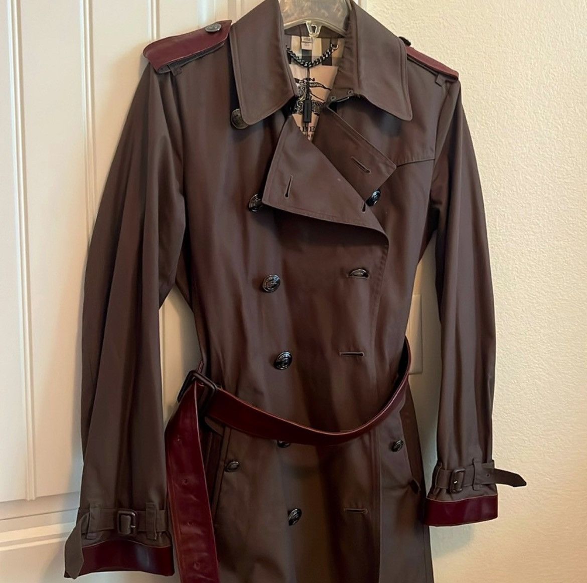 Burberry London Vintage Olive Trench Coat, Leather Accents