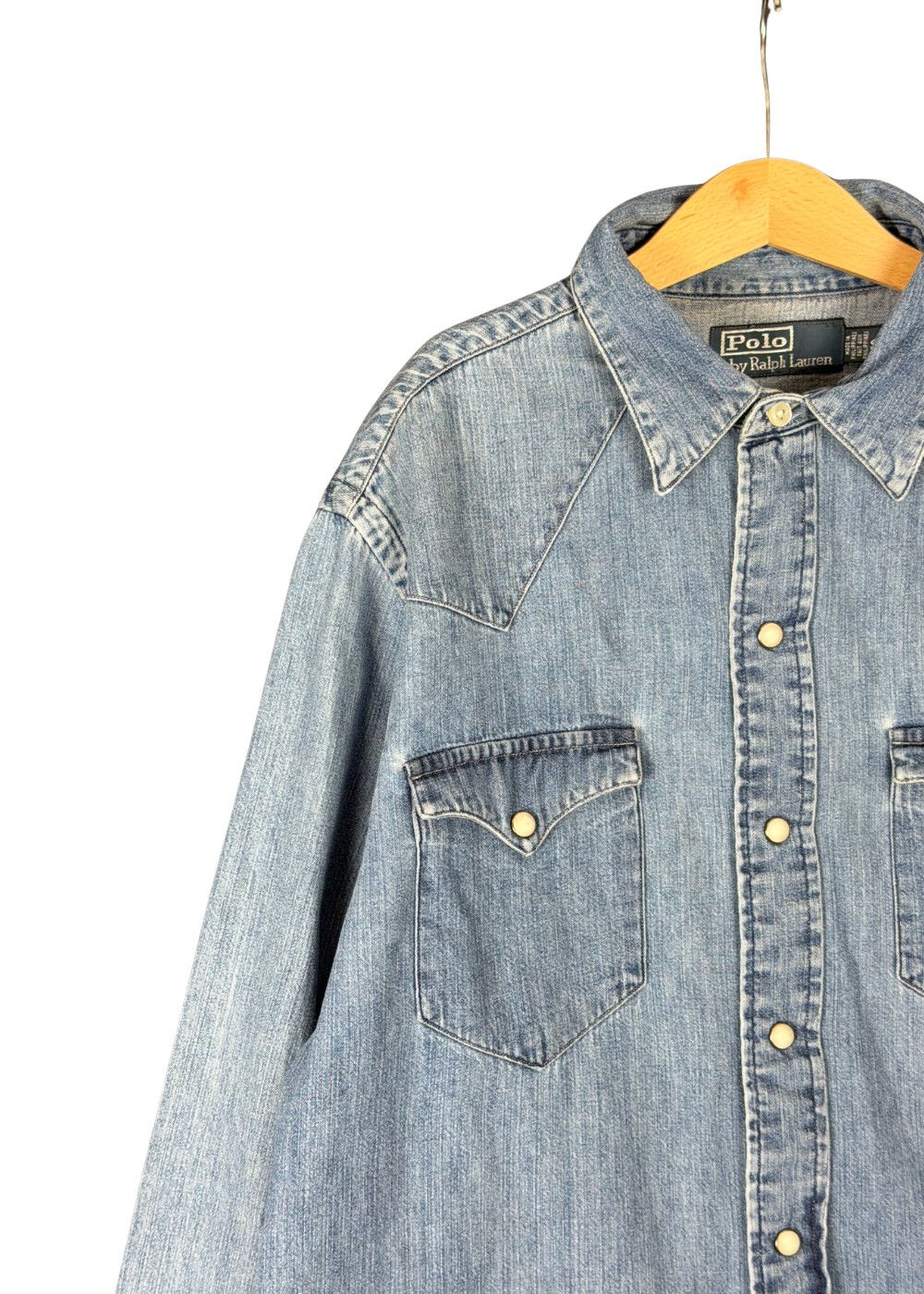 VTG PRL Faded Denim Western Shirt - Pearloid Snaps - Size S image 7