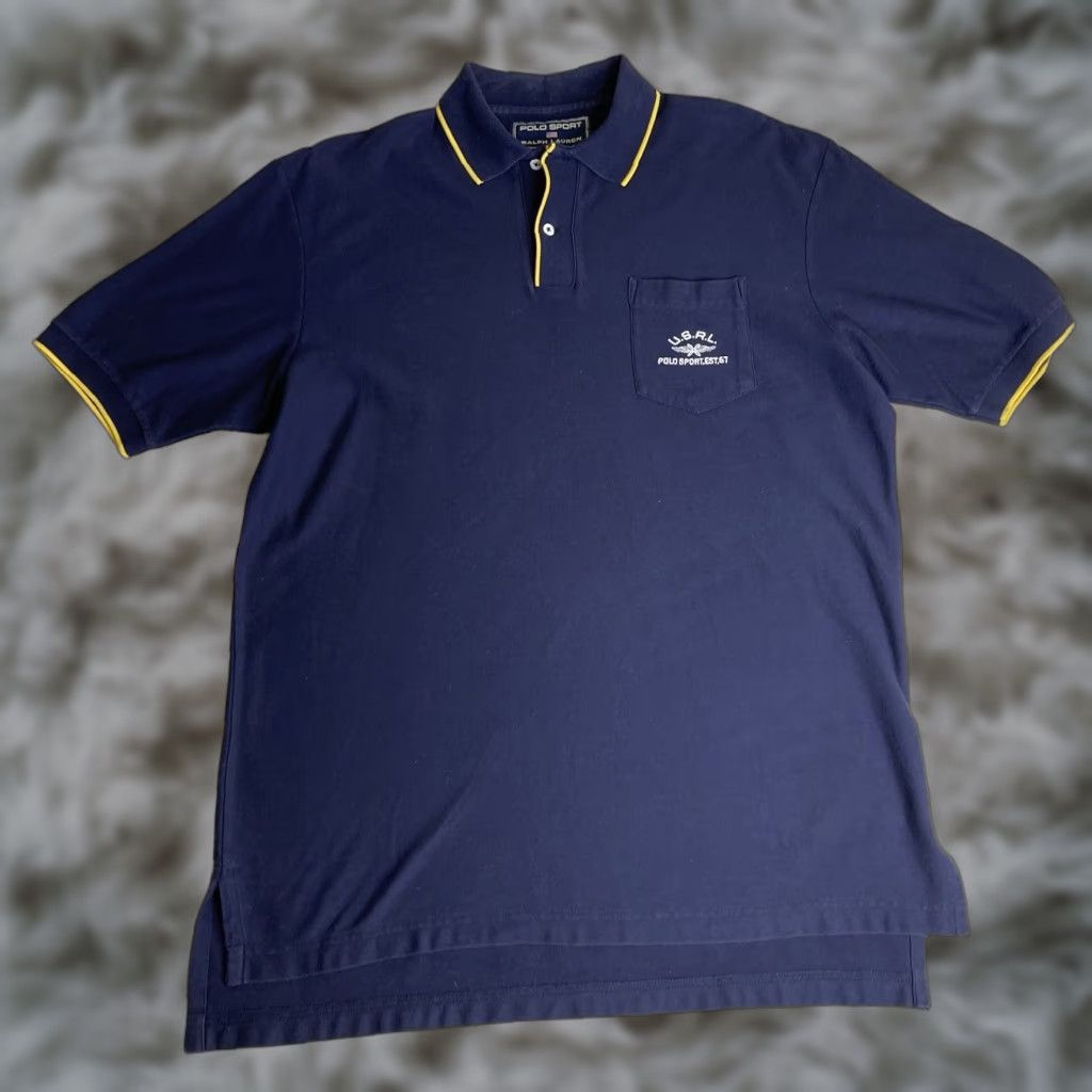 Vintage VINTAGE Polo Sport Shirt Mens Large Blue Yellow USRL 67 Embroidered Ralph Lauren Polo Shirt Size US L / EU 52-54 / 3 - 1 Thumbnail