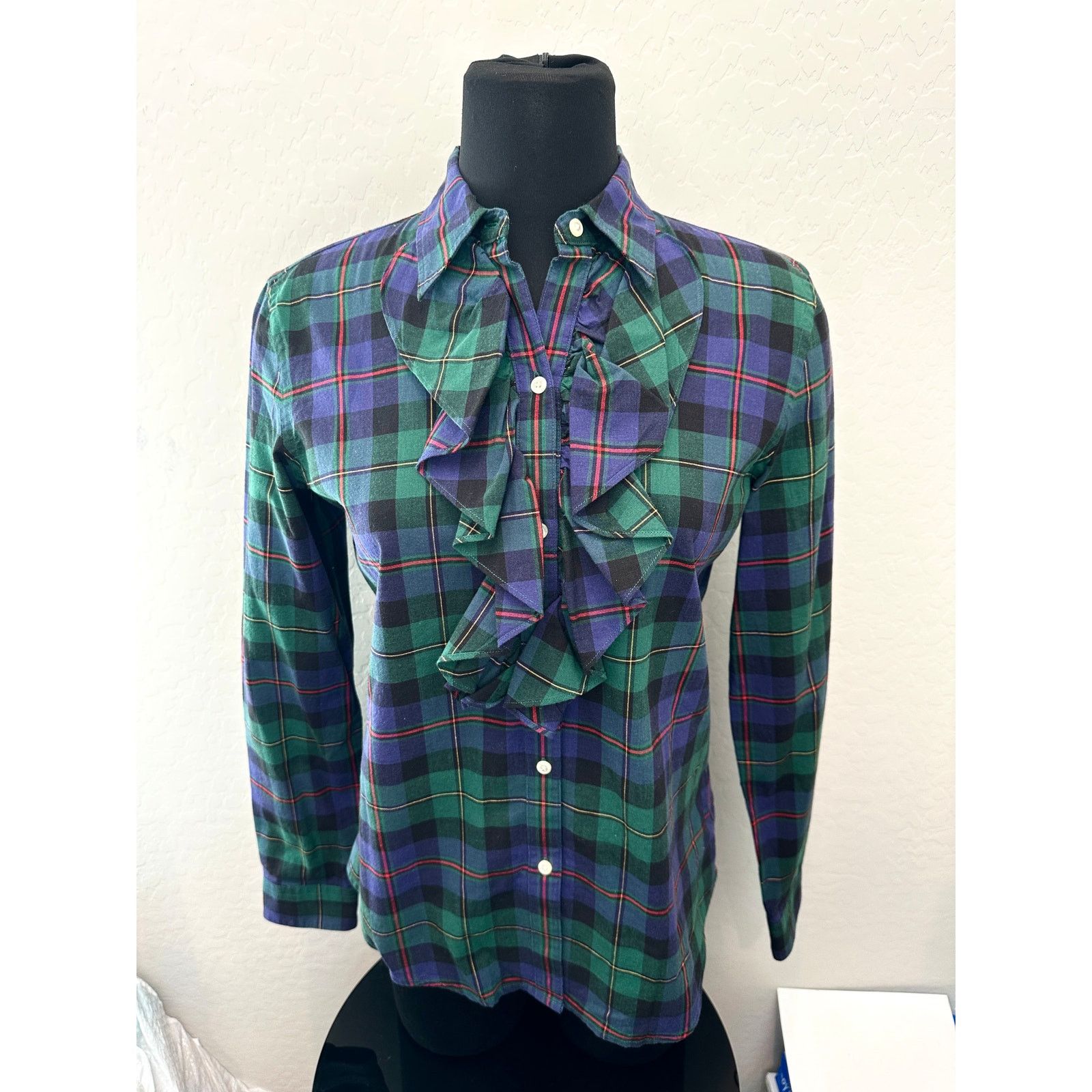 Other AMERICAN LIVING Green Plaid Tuxedo Ruffle Long Sleeve Top Size S / US 4 / IT 40 - 2 Thumbnail