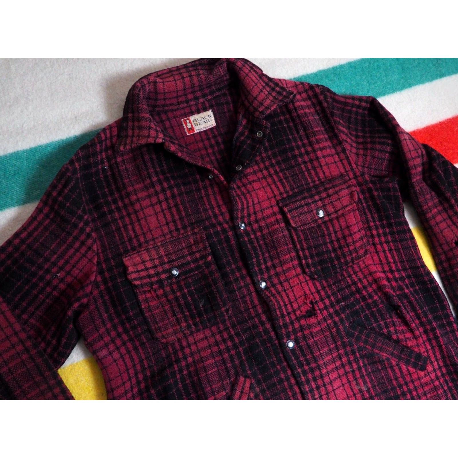 Vintage VTG Black Bear Field Jacket Red Wool Shadow Plaid 1950s Mens L Size US L / EU 52-54 / 3 - 2 Thumbnail