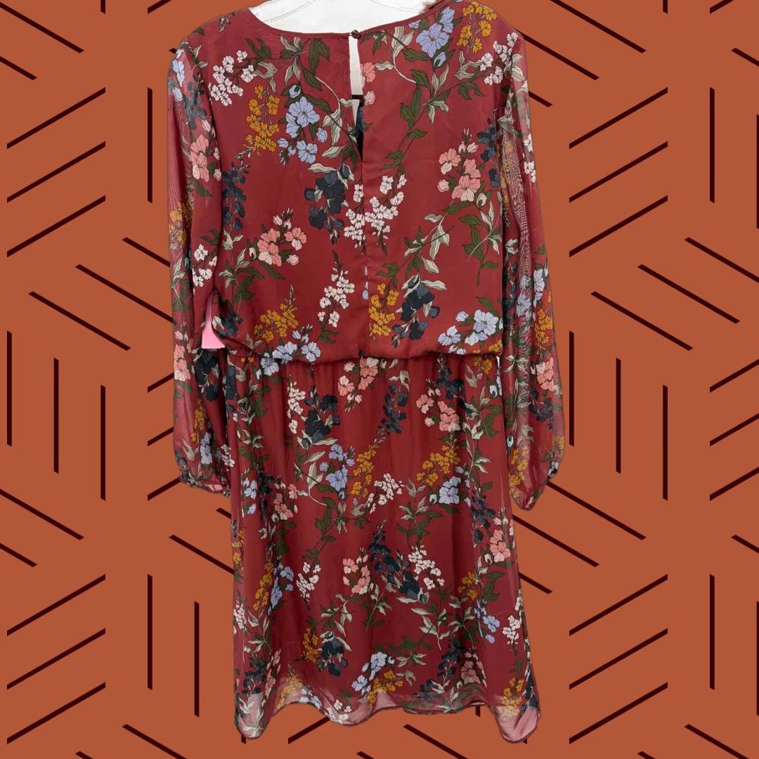 VINTAGE Chico's Brown Floral Midi Long Sleeve Dress Pre-Owned Size 1.5/10